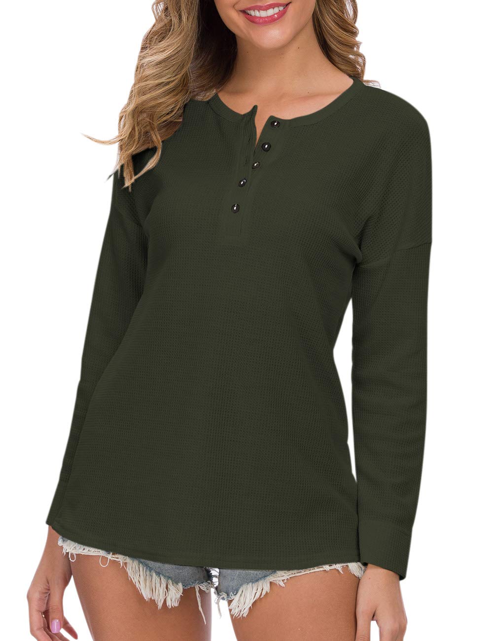 WNEEDU Women's Waffle Knit Tunic Top - Loose Long Sleeve Button Up V-Neck Henley Shirt for Casual Wear, Layering & Fall Outfits | Plus Size Options Available