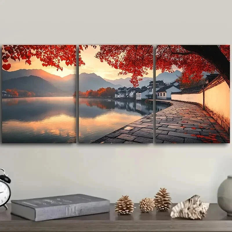 3-Piece Jiangnan Ancient Town with Trees Wall Art Set - Framed Canvas 50x70cm | High Quality Print | 100% Australian Made | Ready to Hang | Perfect for Living Room, Bedroom & Office Decor