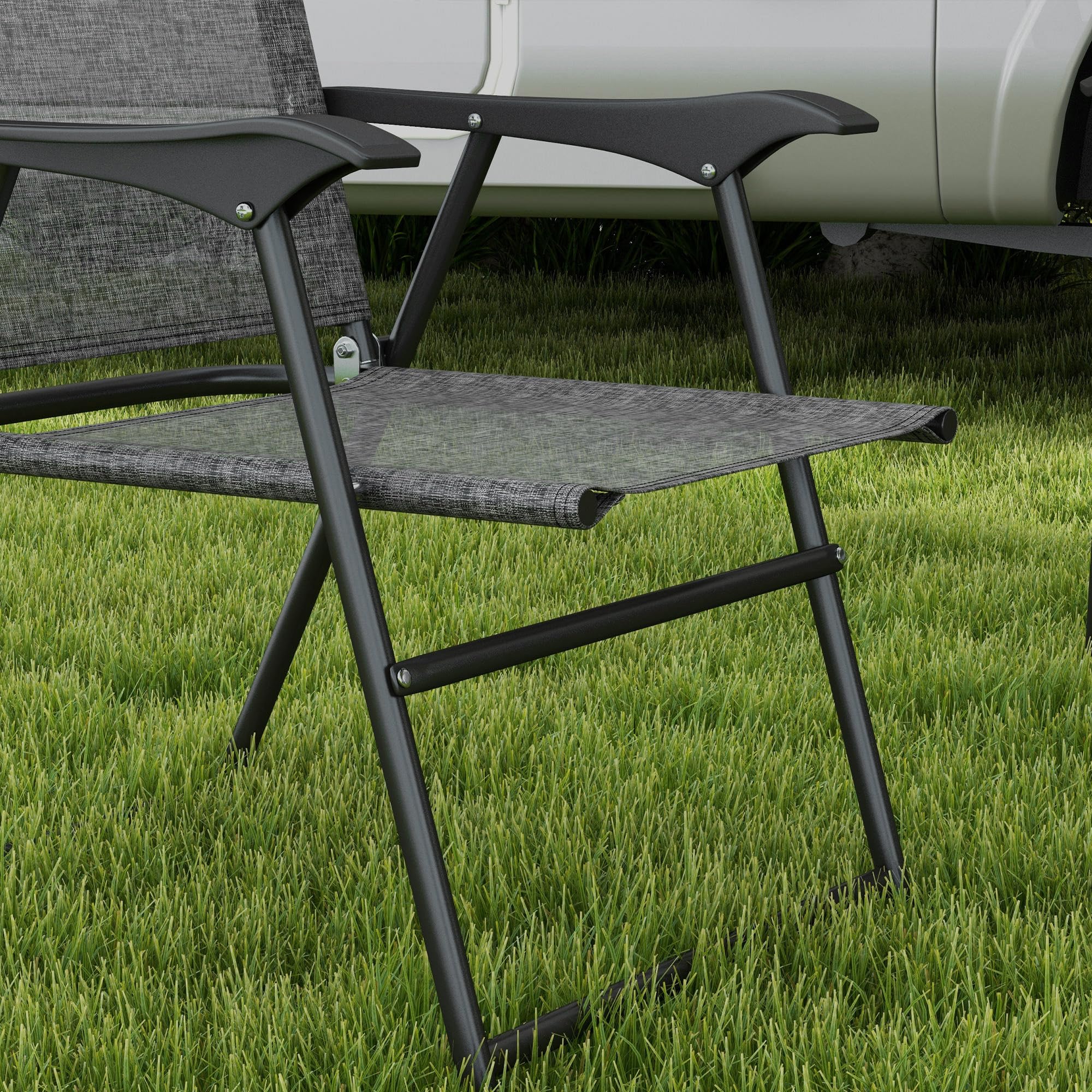 Outsunny 4-Pack Folding Patio Chairs with Armrests - Breathable Mesh Camping Chairs for Adults, Outdoor Lawn, Beach, Picnic & Sports Events - Gray Portable Lounge Chairs