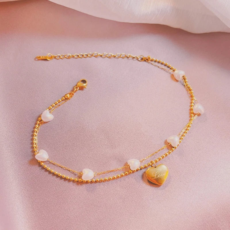 Layered Gold Heart Anklet Chain with Pearl Bead - Elegant Adjustable Ankle Bracelet for Women | Perfect for Beach, Wedding & Everyday Wear | NL640