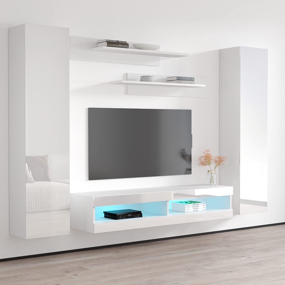 Modern Floating TV Stand with Storage & LED Lights - Wall-Mounted Entertainment Center Console for Bedroom & Living Room - White TV Cabinet with Shelves for Home Theater Setup - Perfect for Small Spaces & Apartment Living
