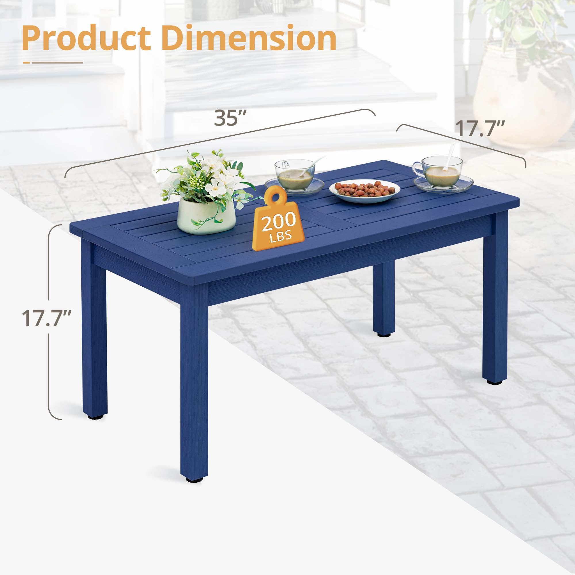 LUE BONA Outdoor Rectangle Coffee Table - All-Weather HDPS Patio Table with Slatted Tabletop for Deck, Garden, Balcony, Indoor & Outdoor Use - Navy Blue | Perfect for Backyard, Poolside & Porch Relaxation
