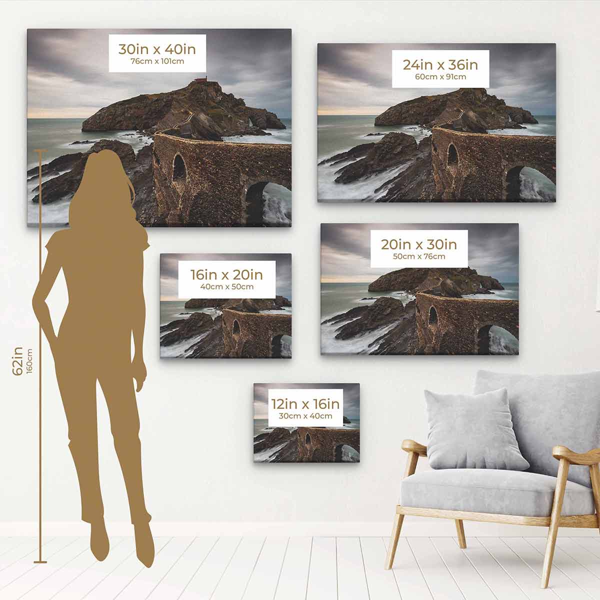 Brown Gaztelugatxe Wall Art Canvas Print - 34x78 Inch Coastal Landscape Painting for Living Room, Bedroom & Office Decor
