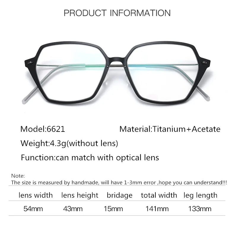 Unisex Full Rim Polygon Screwless Acetate Titanium Eyeglasses Frame 6621 - Lightweight Durable Glasses for Work, Reading & Fashion