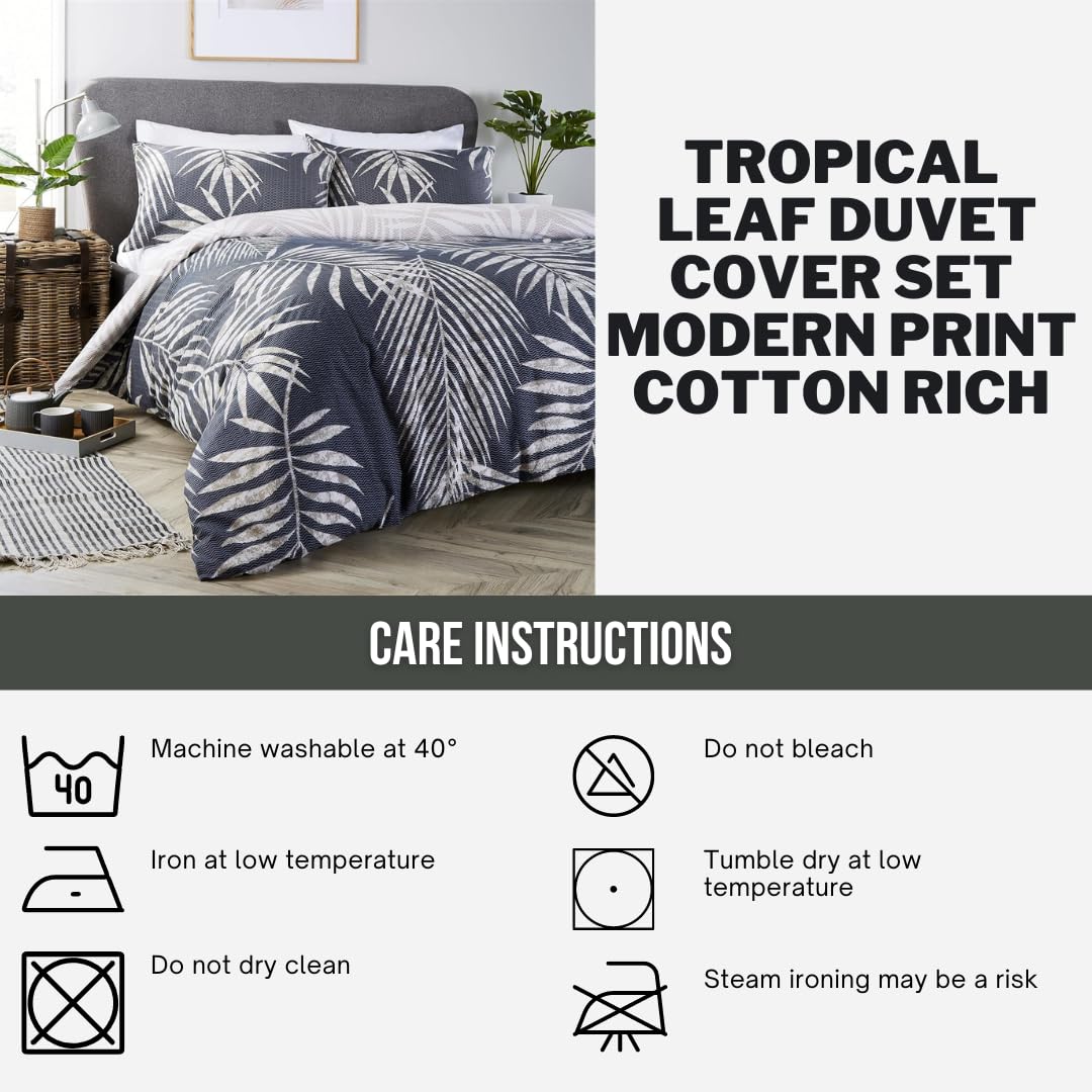 Olivia Rocco Tropical Leaf Duvet Cover Set - Modern Botanical Print 100% Cotton Reversible Quilt Cover - Easy Care Bedding Set for Double Bed in Navy Blue - Perfect for Beach House, Boho Bedroom & Tropical Home Decor