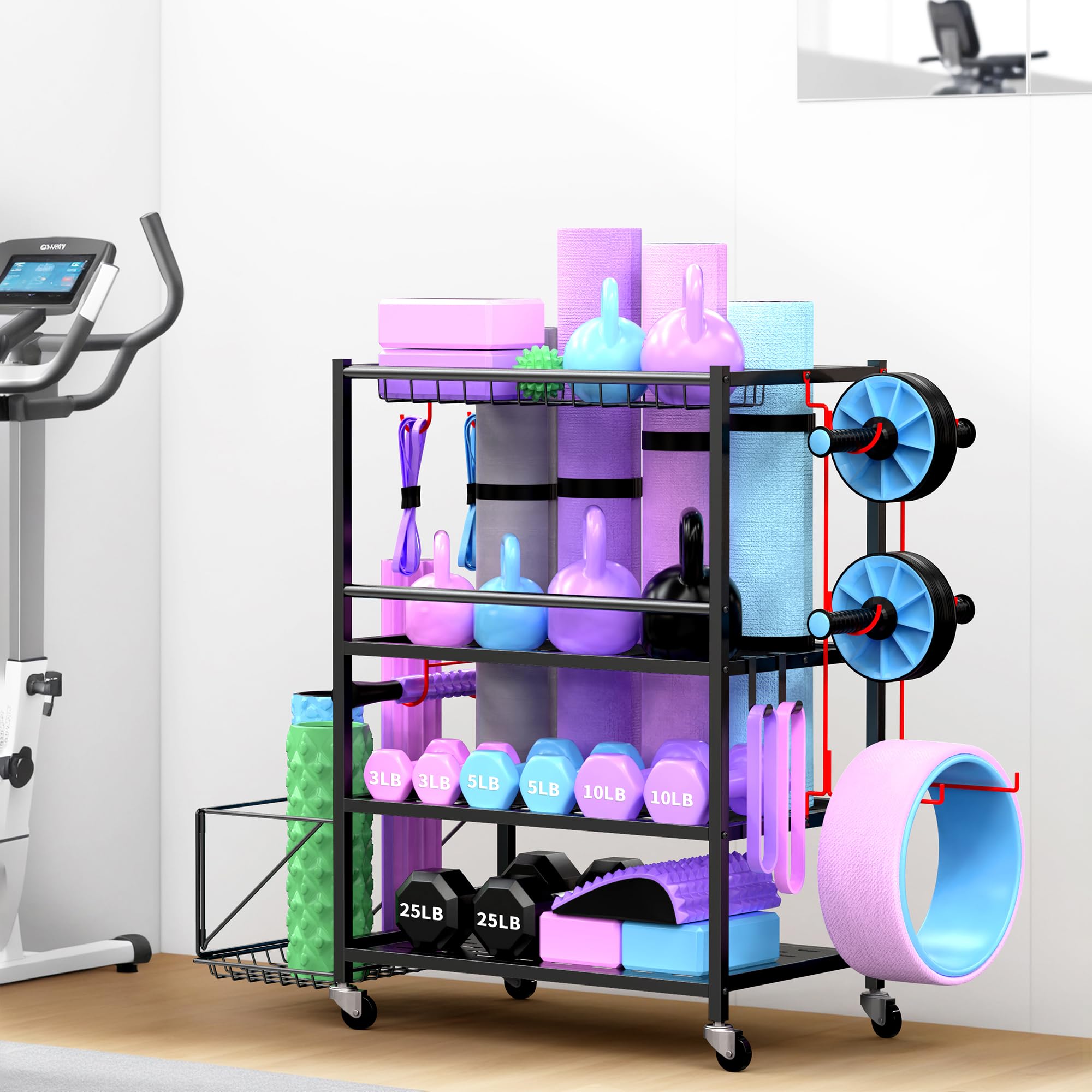 Heavy Duty Dumbbell Rack - 650LBS Capacity Metal Weight Stand for Home Gym with Lockable Wheels & Adjustable Hooks - Perfect for Storing Dumbbells, Kettlebells, Yoga Mats, Foam Rollers & Resistance Bands - Ideal for Home Workouts, Garage Gyms & Fitness Studios