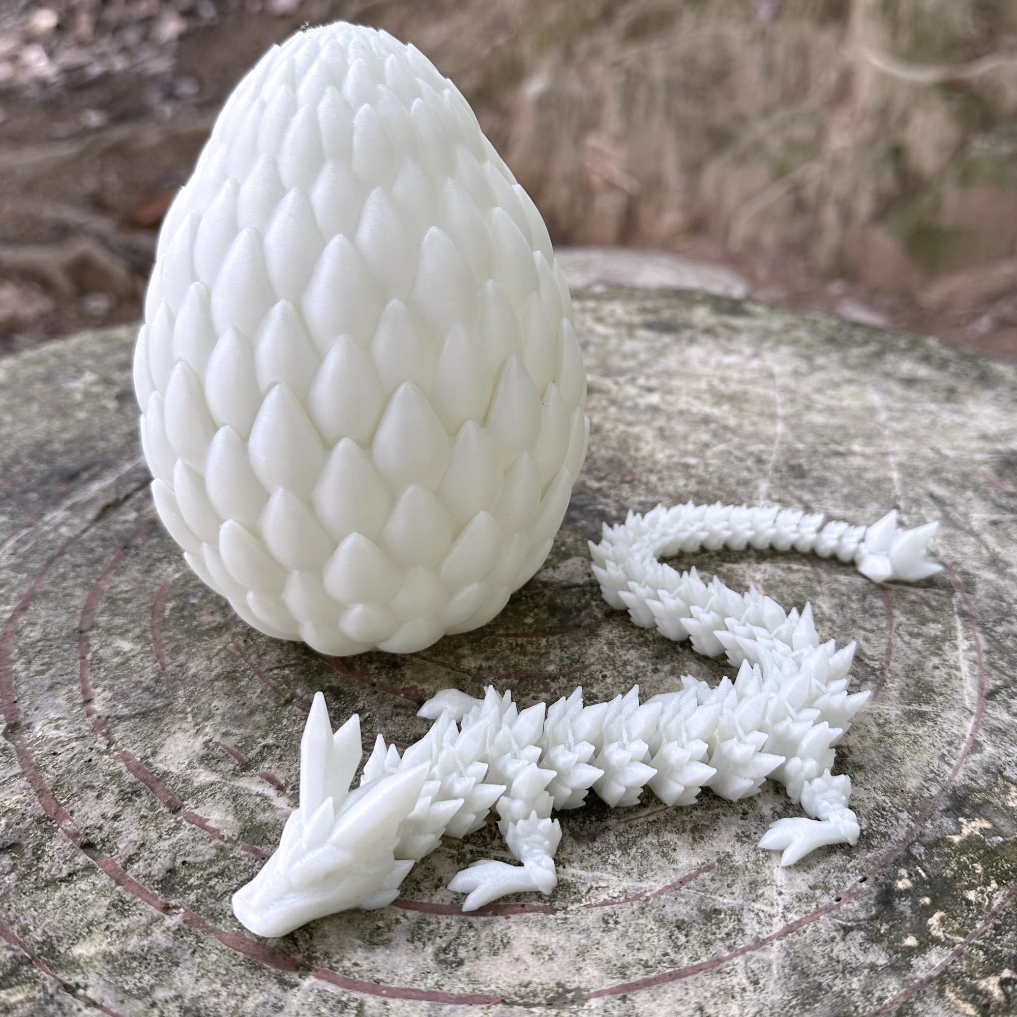 12-inch 3D Printed Articulated Dragon in Egg - Home & Office Decor (White)
