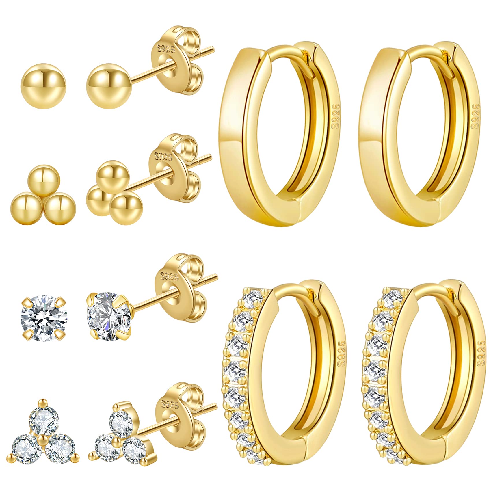 8 Pairs Sterling Silver & 14K Gold Plated Hypoallergenic Cubic Zirconia Stud Earrings for Women - Elegant Small Stud Earrings Set for Everyday Wear, Gift Giving & Special Occasions