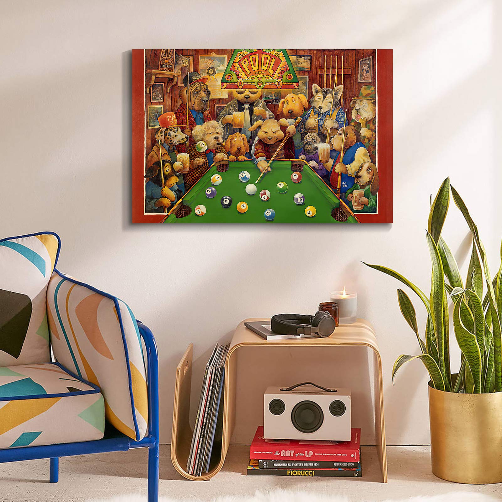 Denozer Dogs Playing Pool Oil Painting Reproduction - Cassius Marcellus Coolidge Billiards Art, Giclee Canvas Print Wall Decor (48x32 Inch) Ready to Hang - Perfect for Game Rooms, Man Caves & Entertainment Spaces