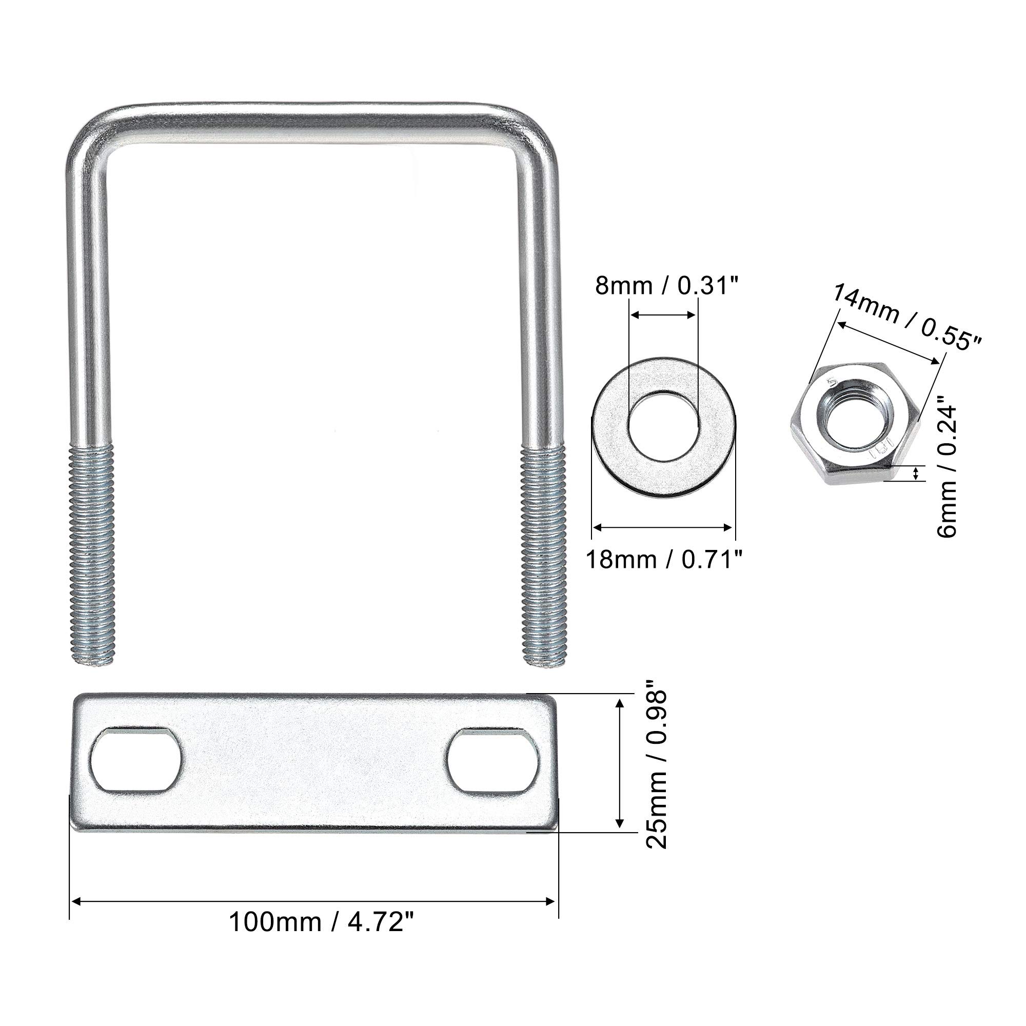 Carbon Steel M8 Square U-Bolts 4-Pack with Nuts & Washers for Frame Mounting