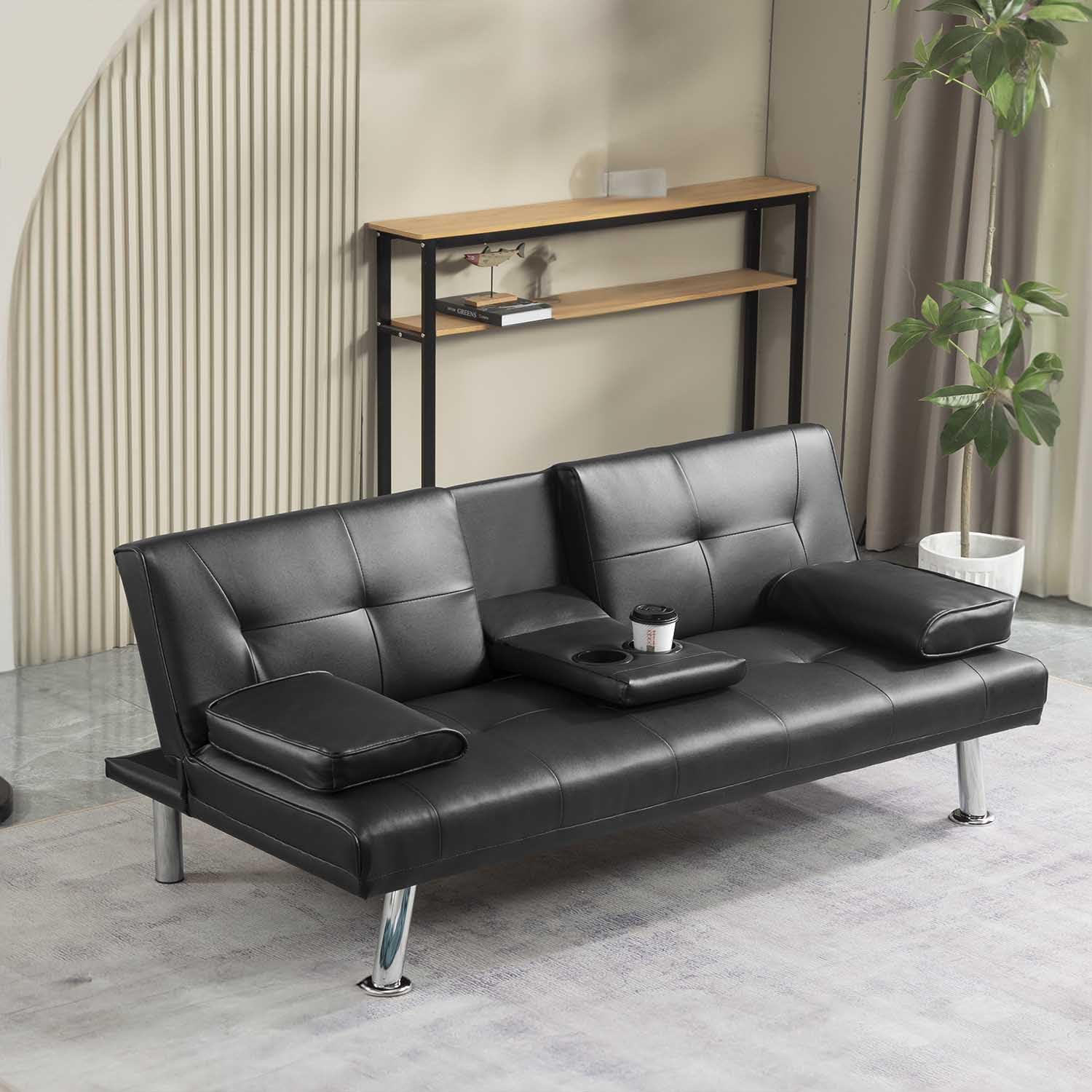 Modern Convertible Futon Sofa Bed with Metal Legs & 2 Cup Holders - Foldable Upholstered Loveseat with Memory Foam & Removable Armrests for Small Spaces (Black) - Perfect for Studio Apartments, Guest Rooms & Home Offices