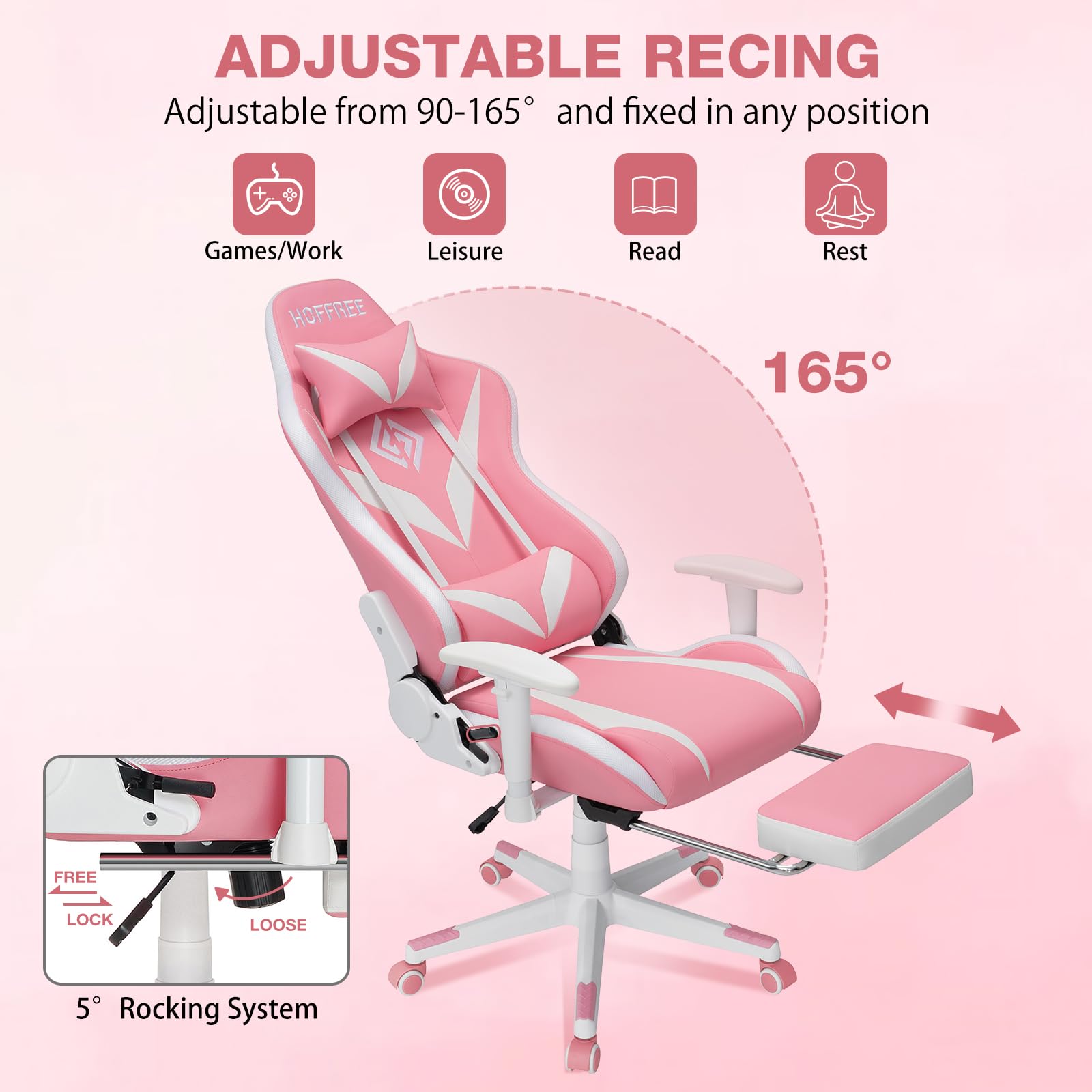 HOFFREE Pink and White Gaming Chair with Bluetooth Speakers, LED Lights, Massage & Footrest - Ergonomic High Back Reclining Computer Chair for Gamers | Perfect for Gaming Rooms, Esports & Home Office Setup