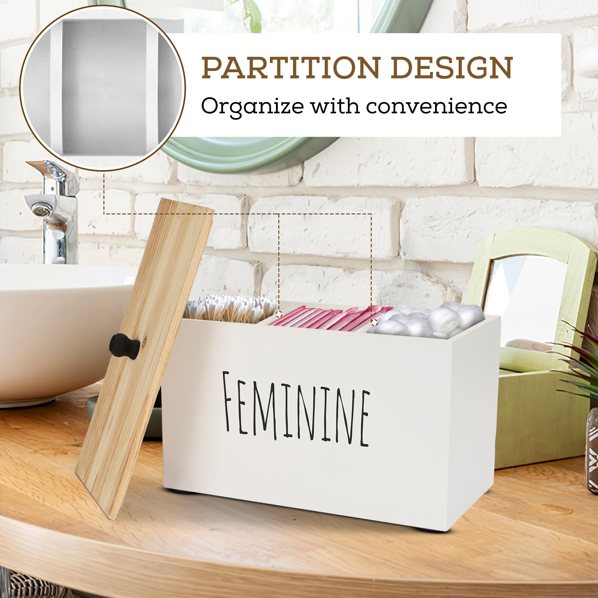 Organic Cotton Tampon Holder & Feminine Product Organizer - Rustic Farmhouse Wood Storage Box for Bathroom, Vanity or Bedroom - White Hygienic Pad Container with Lid - Perfect for Home Decor & Women's Essentials Organization