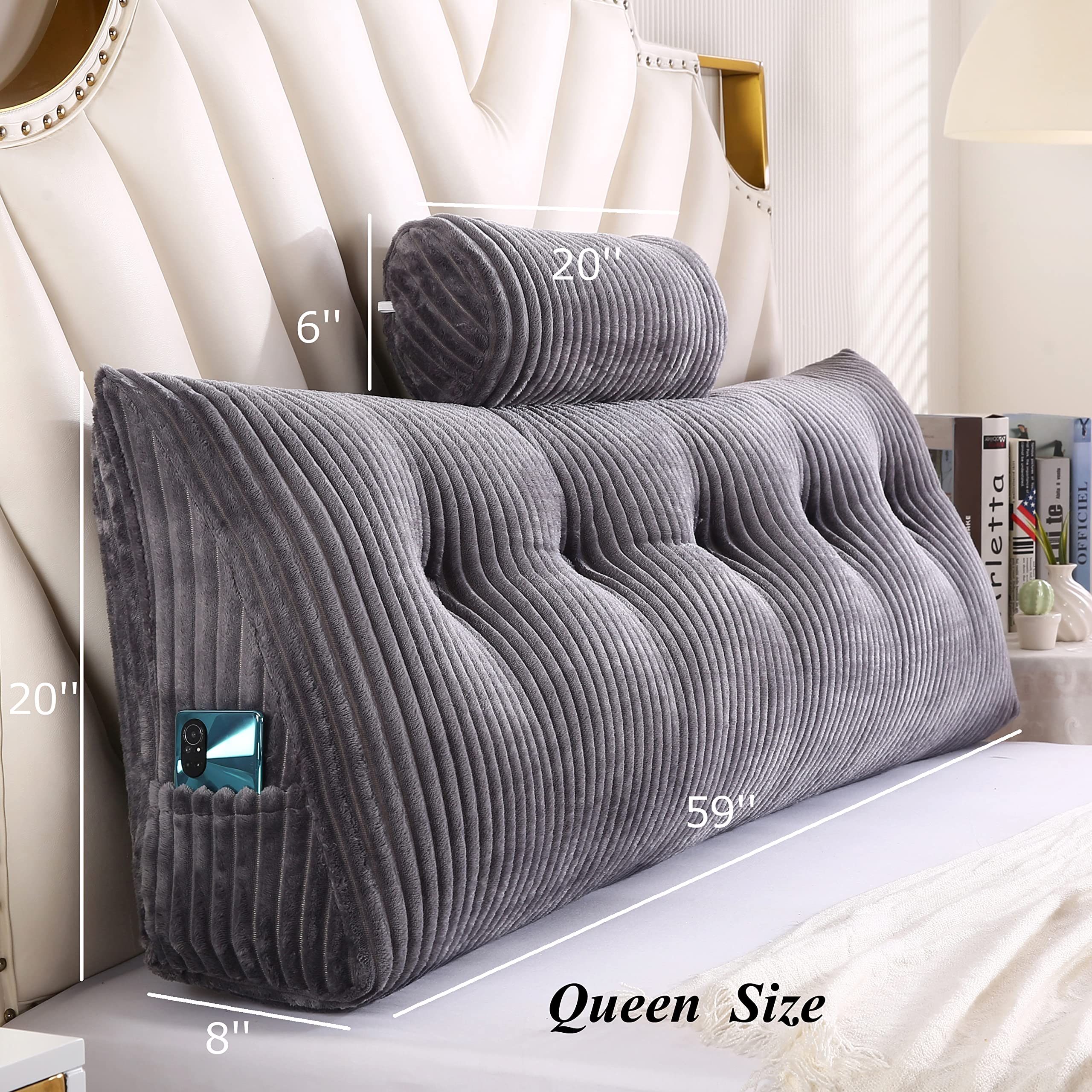 Wedge Headboard Pillows & Bolster Pillow Set - Queen Size 59x8x20 Inches - Bed Wedge Pillow for Headboard Support, Reading in Bed, Backrest & Sitting Comfort - Perfect for Relaxing, Watching TV & Post-Surgery Recovery