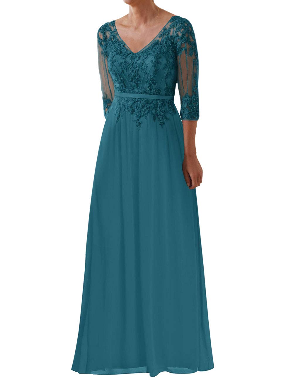 Elegant Mother of The Bride Lace Formal Evening Gown with Sleeves - Chiffon Long Dress for Wedding, Cocktail Party & Special Occasions