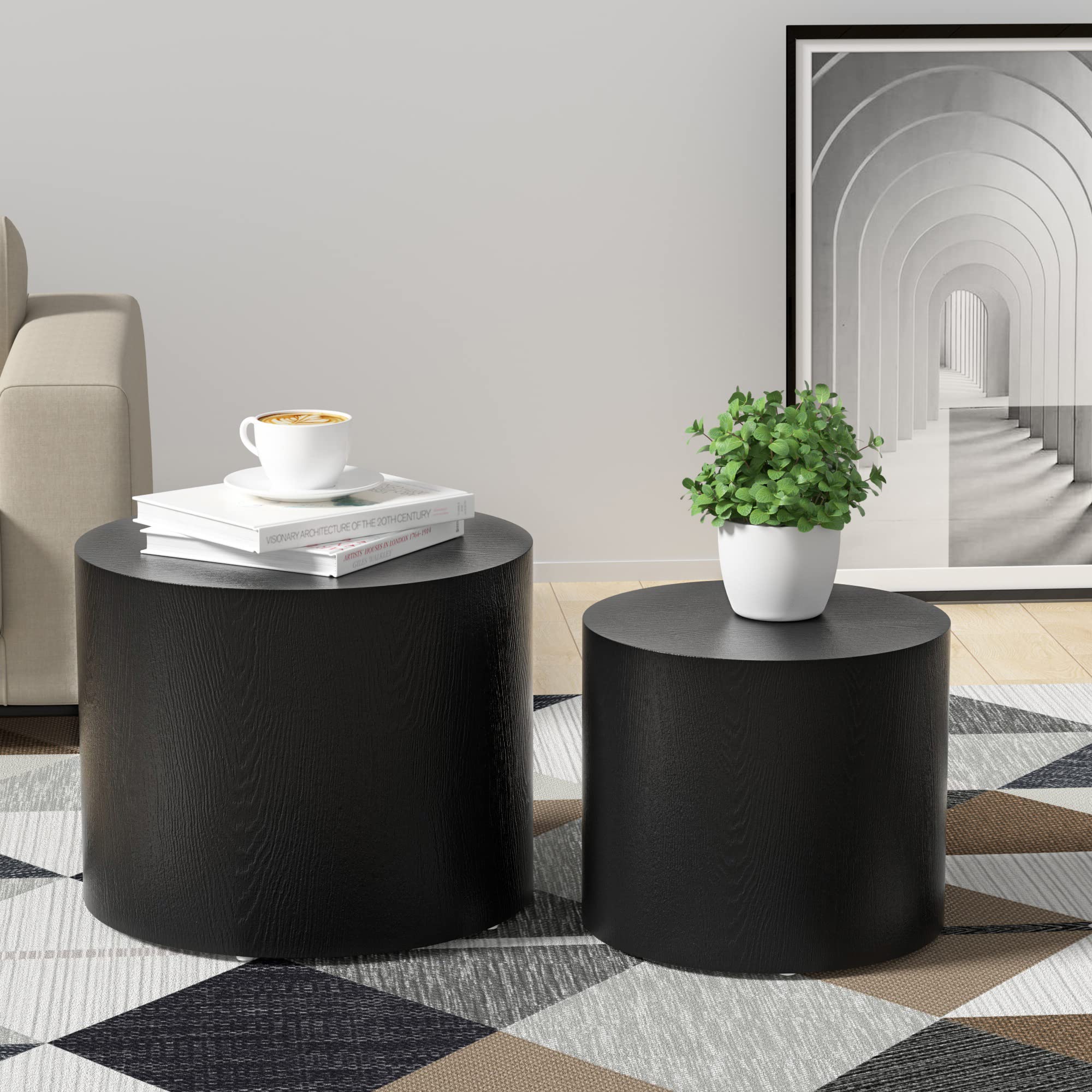 Black Drum Coffee Table Set of 2 - Round Wood Nesting Coffee Tables with Ottoman, Side & End Tables for Living Room & Bedroom - No Assembly Required - Perfect for Small Spaces & Modern Home Decor