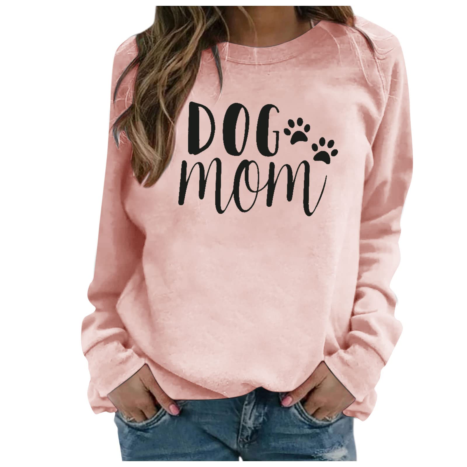 MOUSYA Women's Funny Dog Mom Sweatshirt - Cute Dog Paw Graphic & Letter Print Pullover Long Sleeve Shirt - Perfect for Pet Lovers, Dog Walks & Casual Outfits