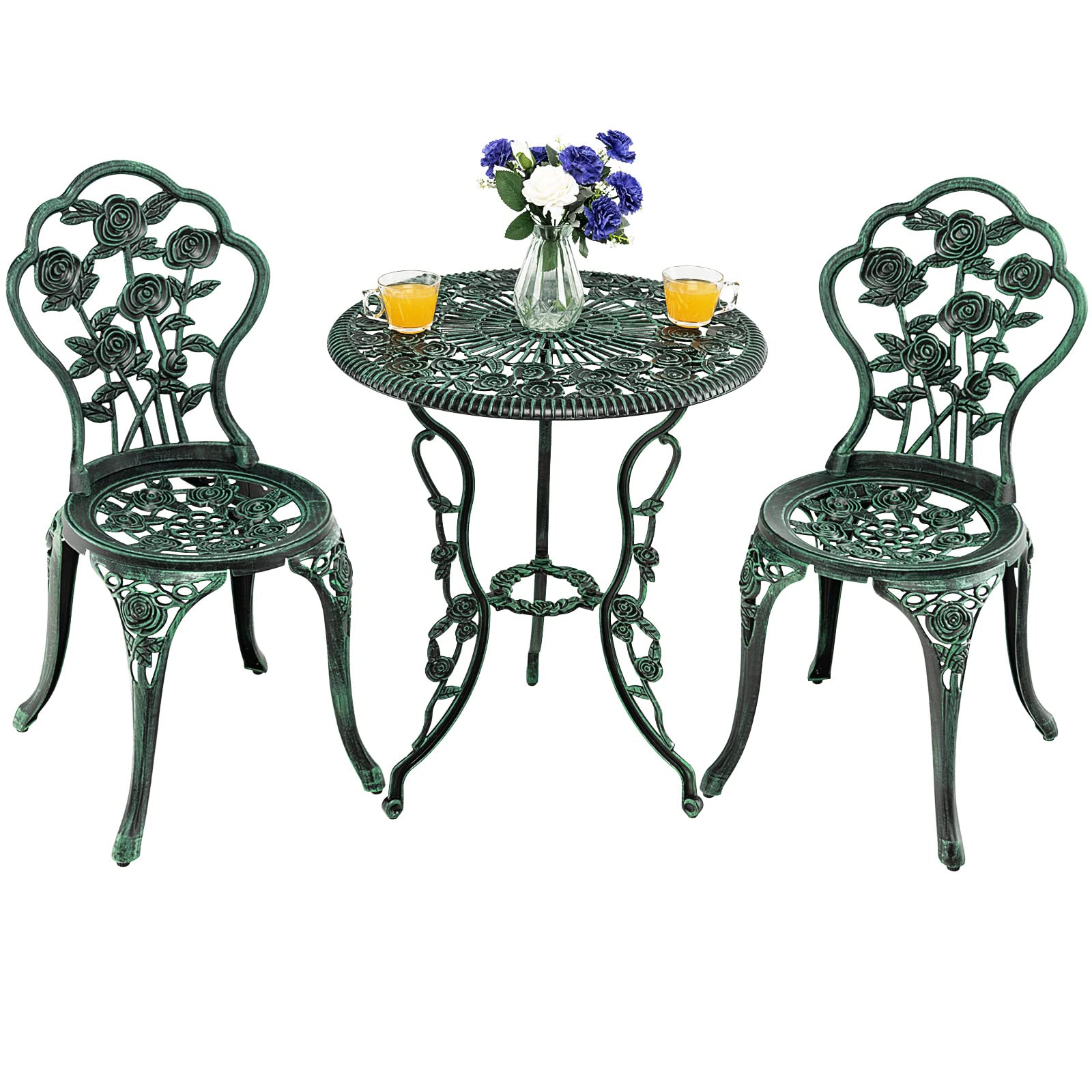 Rust-Resistant 3-Piece Outdoor Bistro Set - Cast Aluminum Patio Furniture with Elegant Rose Pattern & 1.9