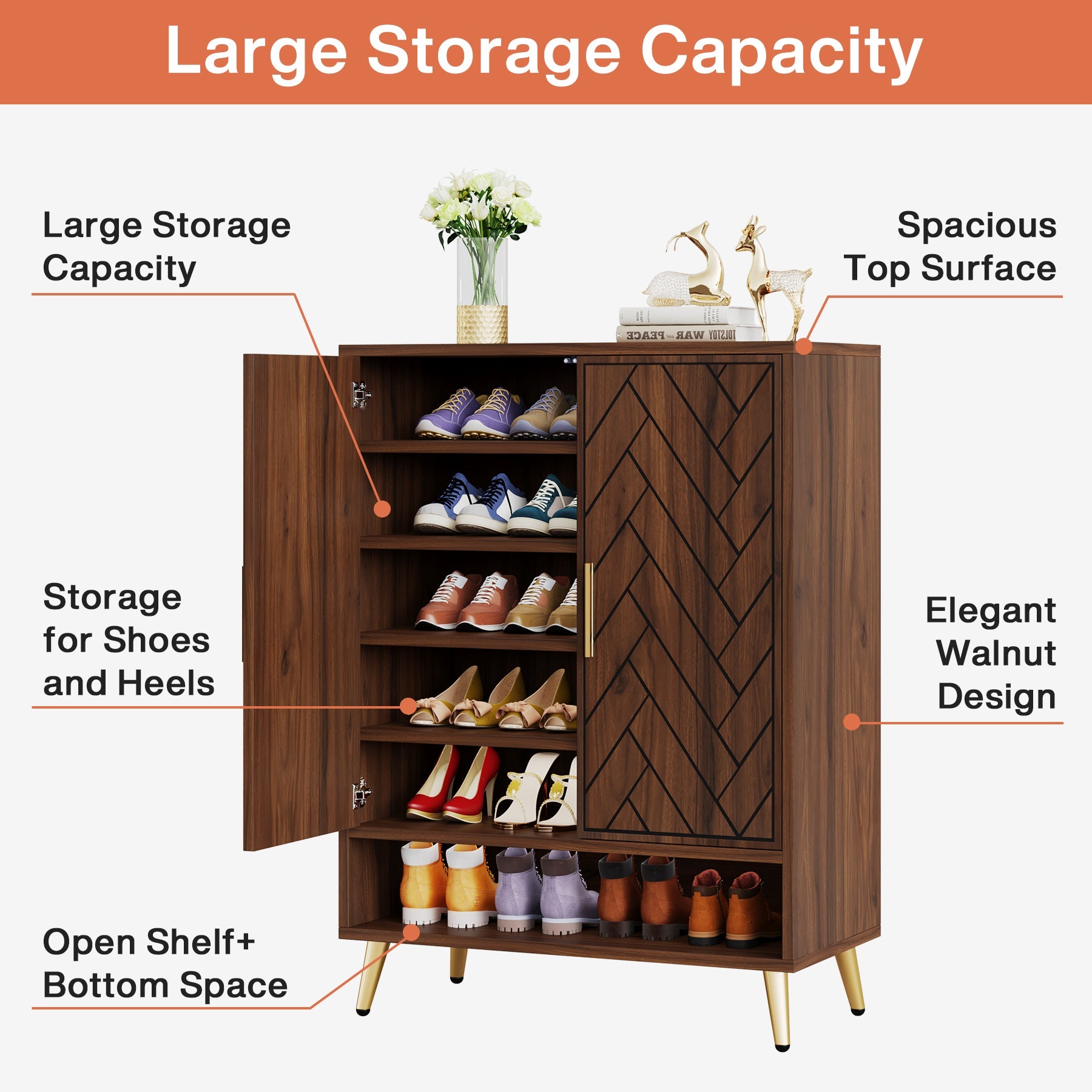6-Tier Wooden Shoe Cabinet with Adjustable Shelves - Space Saving Shoe Storage Organizer for Entryway, Closet & Bedroom