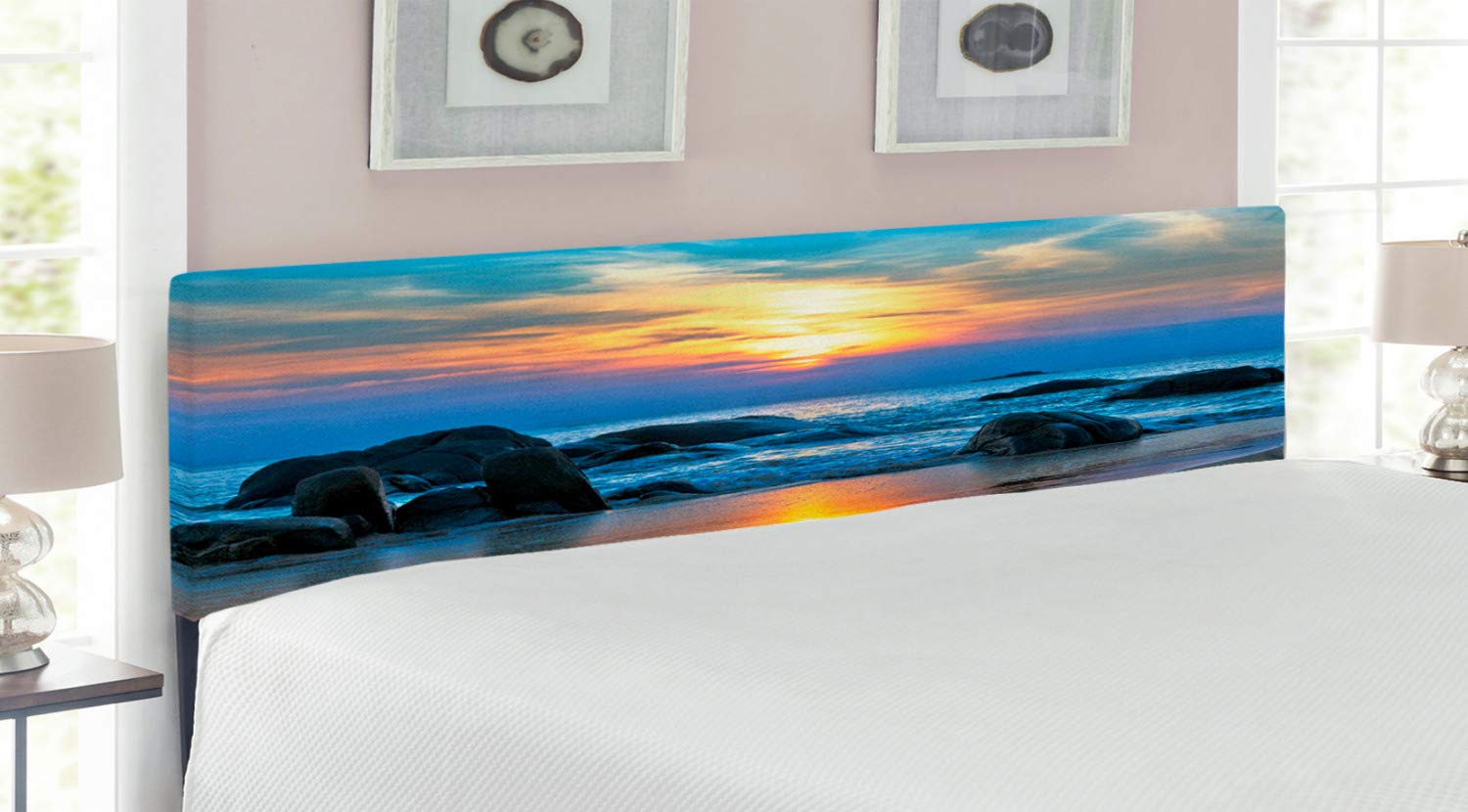 Ambesonne King Size Beach Headboard - Sunset Scenery with Sandy Beach, Rocks & Waves Design | Upholstered Decorative Metal Bed Headboard with Memory Foam | Blue & Yellow Coastal Theme for Bedroom Decor | Perfect for Beach House, Vacation Home or Coastal Style Bedroom