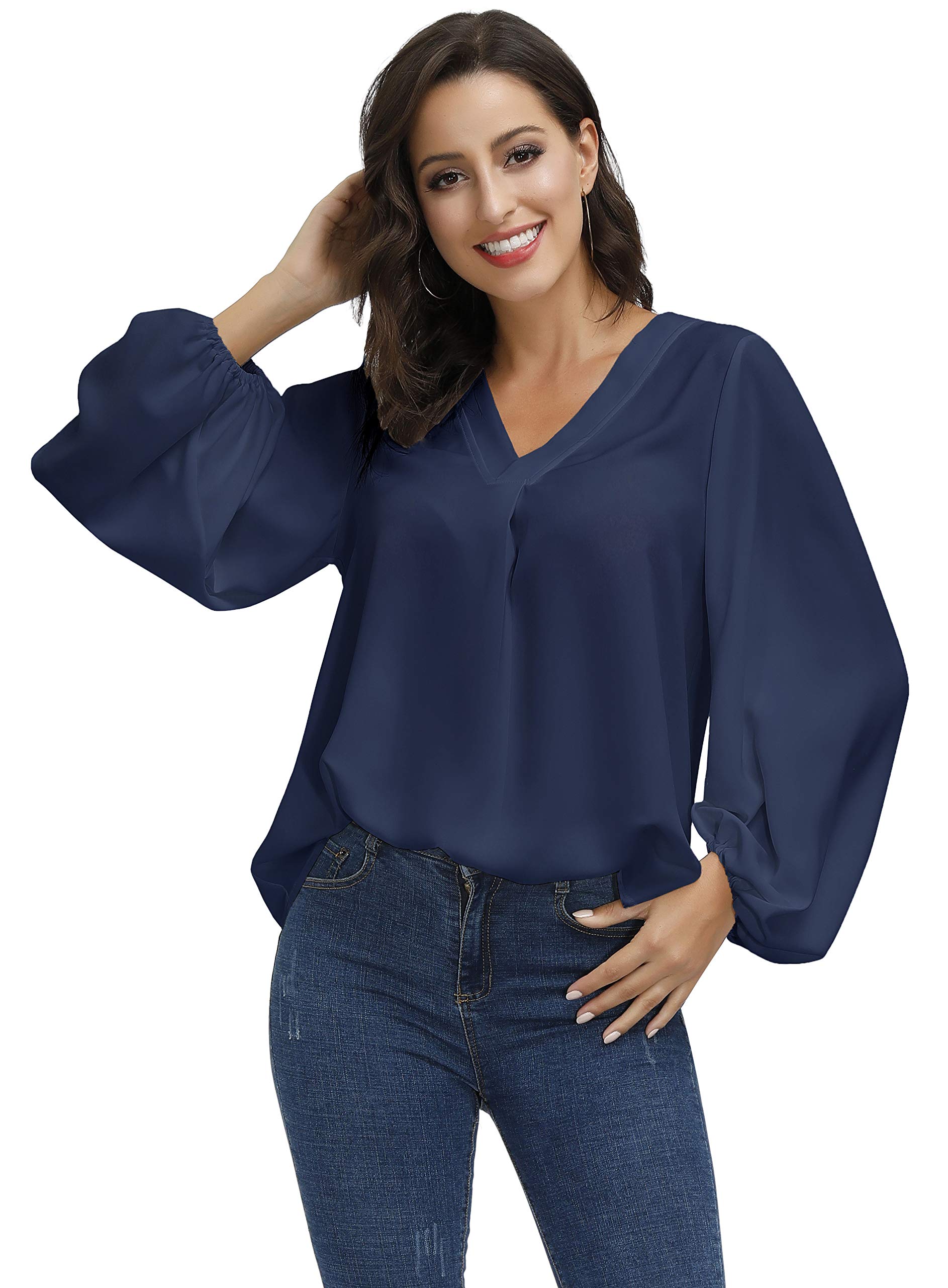 BUENOS NINOS Women's Floral V-Neck Balloon Sleeve Blouse - Elegant Long Sleeve Loose Tunic Top for Work, Date Night & Casual Outings