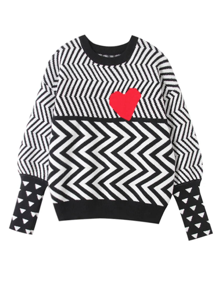 Women's Geometric Heart Pattern Knit Sweater - Long Sleeve Loose Pullover for Autumn/Winter | Cozy Casual Wear for Office, Dating & Weekend Outfits