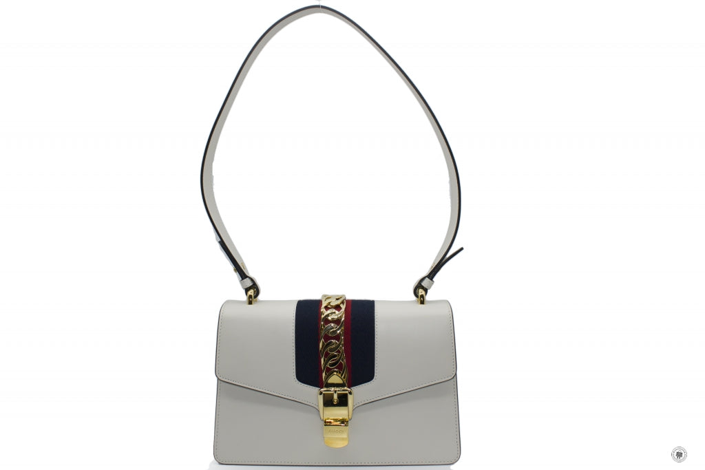 Gucci Sylvie 421882CVLEG Small Leather Shoulder Bag in White with Gold Hardware - Perfect for Work, Travel & Everyday Elegance