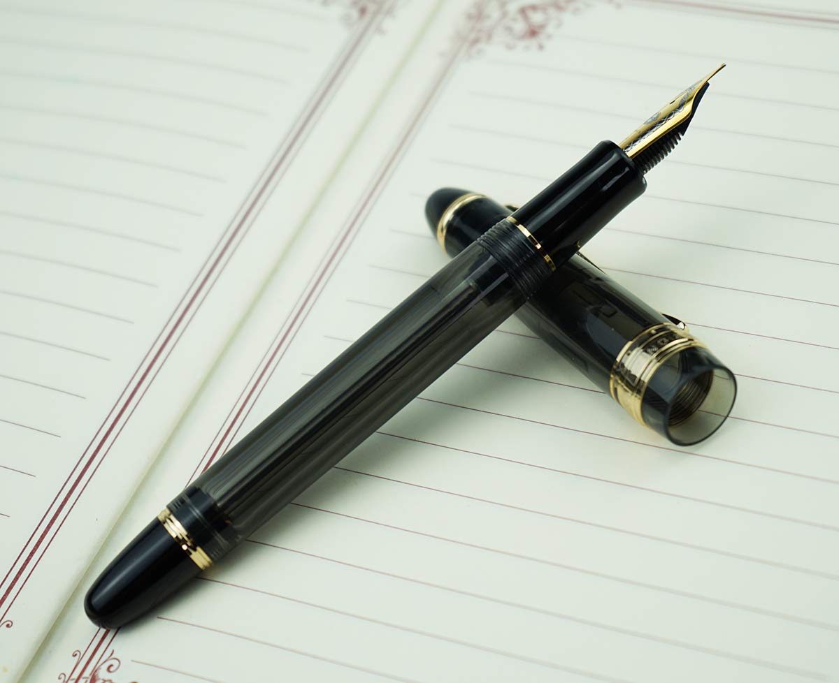 Lanxivi Yongsheng 699 Fountain Pen - Fine Nib Vacuum Filling System, Transparent Gray Acrylic Body with Gold Trim, Solid Section Pen Box Set - Perfect for Calligraphy, Journaling & Gift Giving