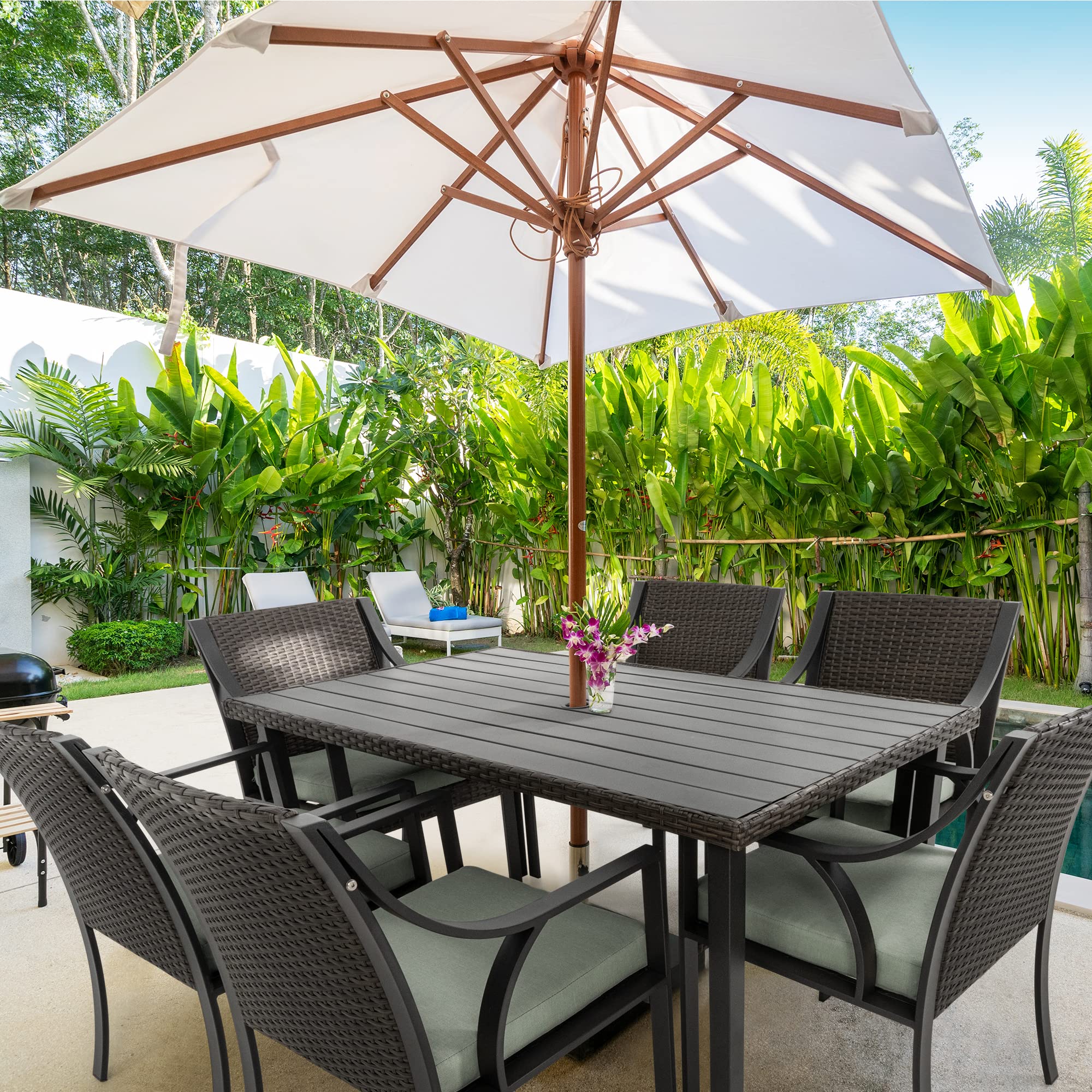 HAPPATIO 7-Piece Outdoor Patio Dining Set - Wicker Rattan Furniture for 6 People, Green - Perfect for Backyard, Garden, and Poolside Entertaining