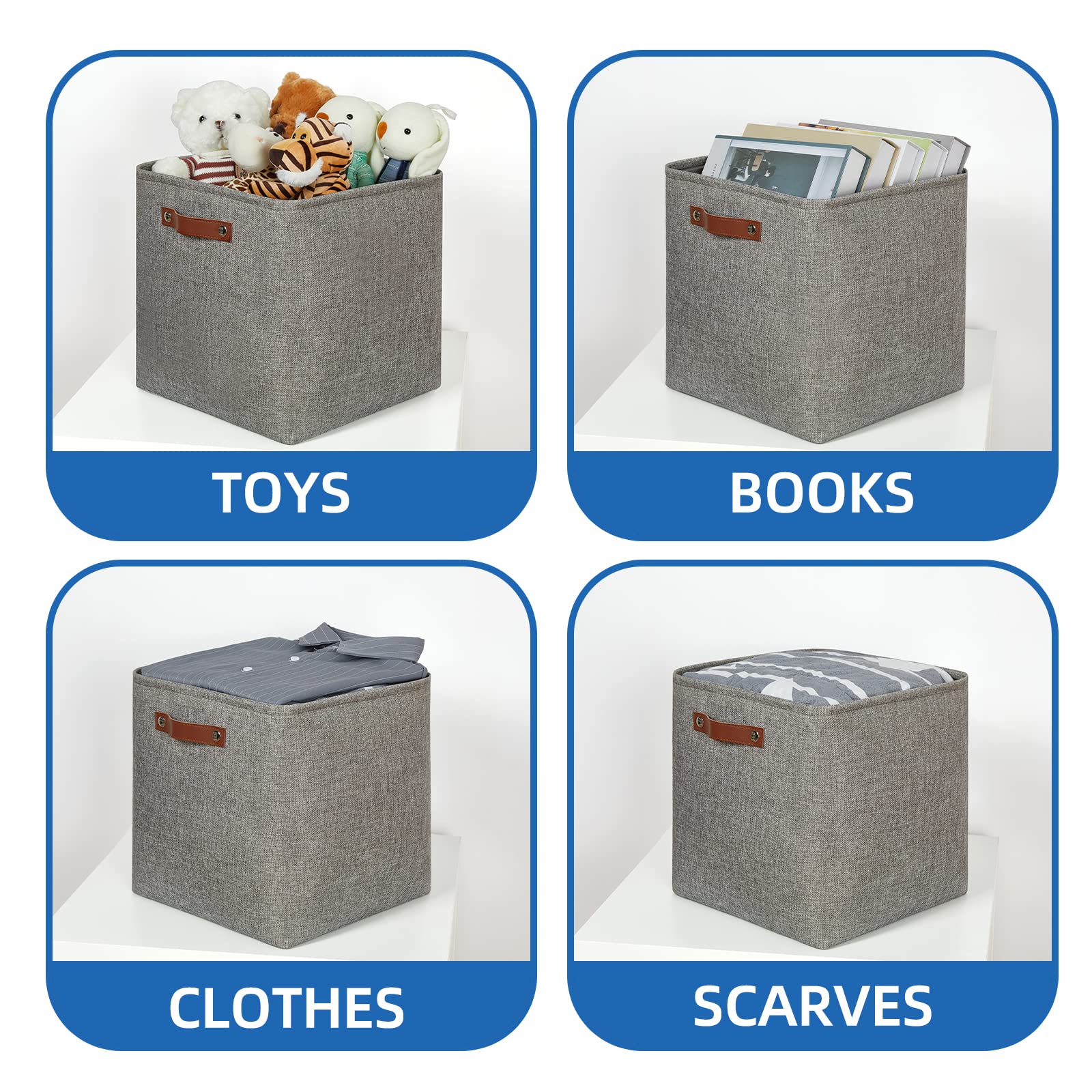 13 Inch Fabric Storage Cubes with Leather Handles - Set of 4 Grey Organizer Bins for Shelves, Home & Office - Perfect for Toys, Books, Clothes and Home Organization