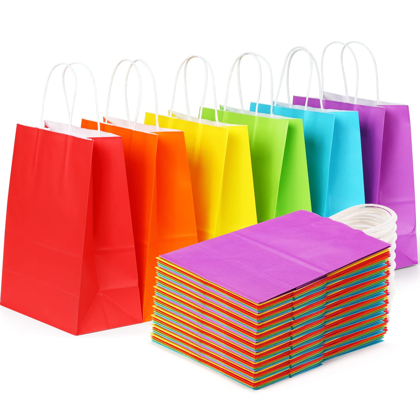 36 PCS Rainbow Kraft Paper Party Favor Bags with Handles - 8x4.25x10.5 Inch Bulk Gift Bags in 6 Assorted Colors for Birthday, Wedding, Baby Shower & Christmas - Perfect for Kids Party Favors, Craft Supplies & Holiday Gift Giving