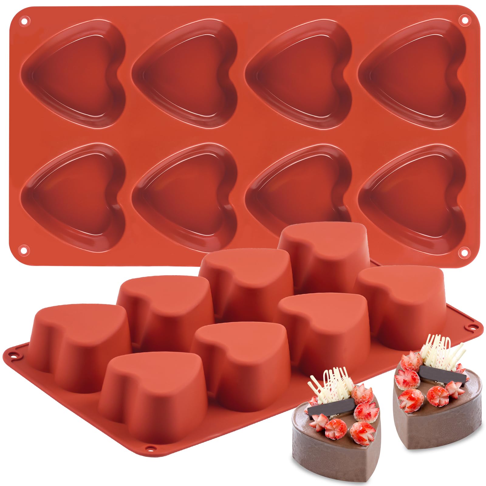 JOERSH 2-Piece Heart Shaped Silicone Chocolate Molds - 8-Cavity Non-Stick Baking Pans for Brownies, Cheesecakes, Puddings & Jelly - Perfect for Valentine's Day, Weddings & Romantic Dessert Making