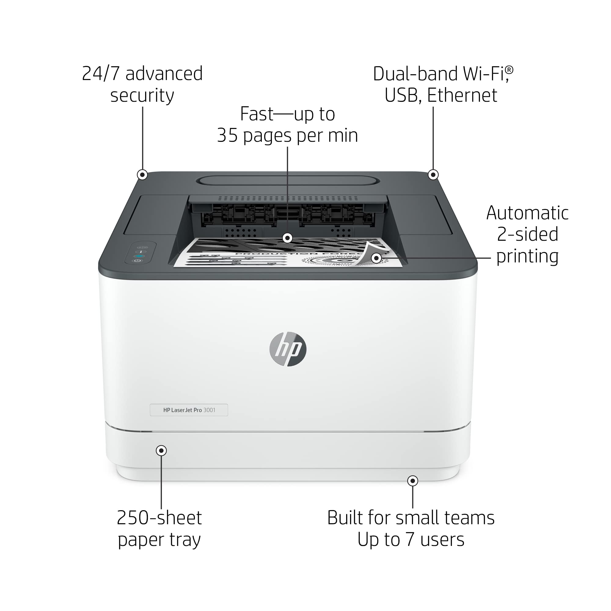 HP LaserJet Pro 3001dw Wireless Monochrome Laser Printer - Fast Printing, Duplex Scanning | Refurbished | Ideal for Home Office & Small Business Printing Needs