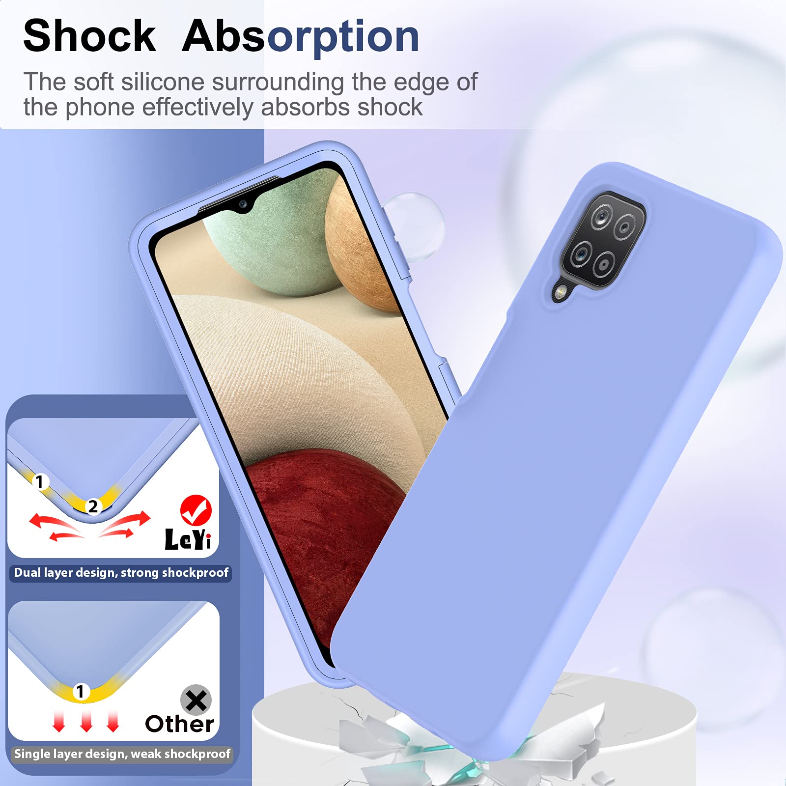 Shockproof Samsung Galaxy A12 5G Phone Case with 2 Tempered Glass Screen Protectors - Soft Liquid Silicone Hybrid Full Body Protective Cover (Violet) - Perfect for Outdoor Activities, Work & Daily Use