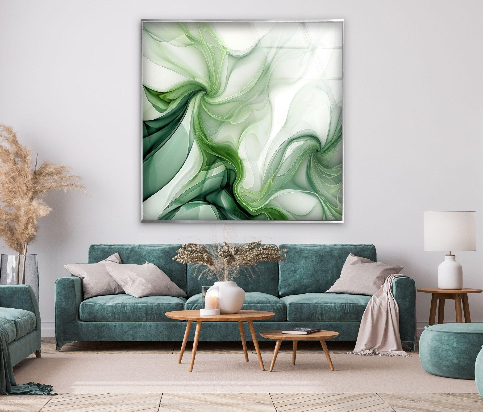 Abstract Green Ink Splash Glass Wall Art - Modern Home Decor for Living Room, Bedroom & Office - Unique Handmade Glass Painting for Contemporary Interior Design