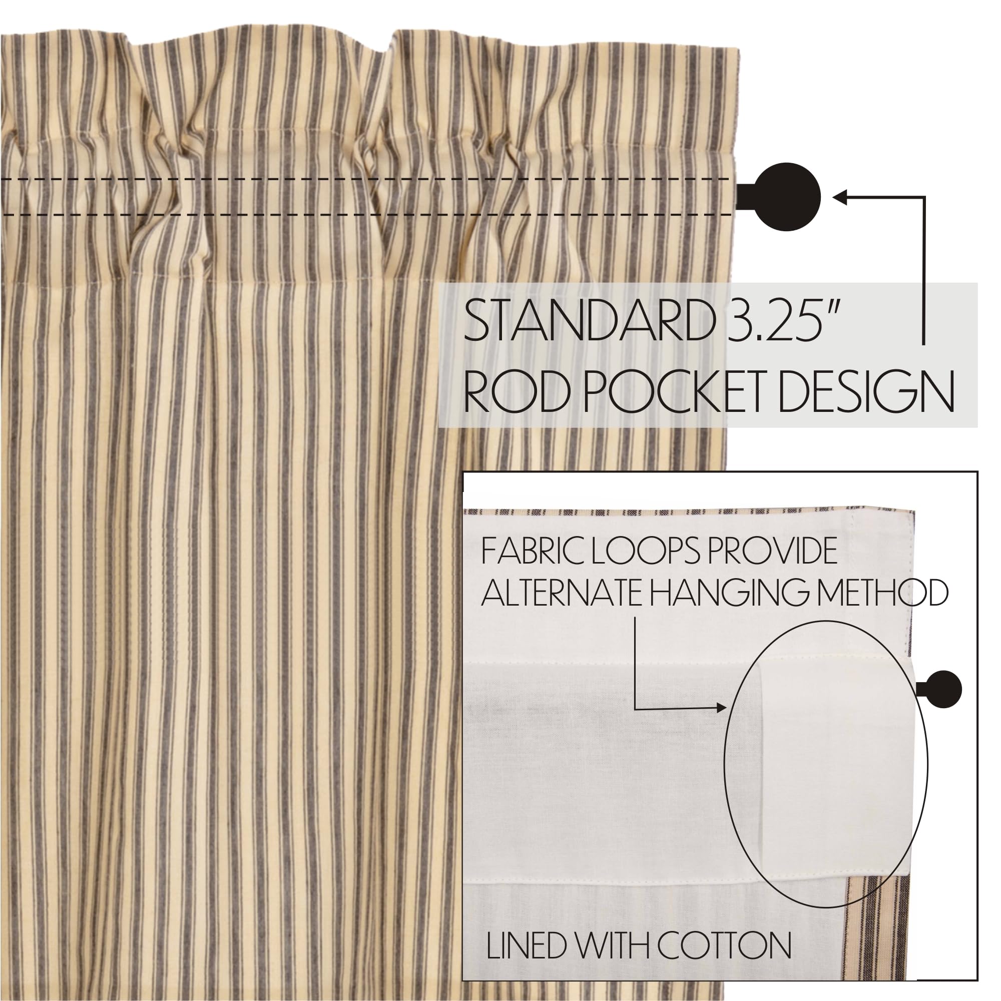 Sawyer Mill Charcoal Swag Set - Farmhouse Lined Curtains with Country Stripes, 36x36 Inches - Perfect for Kitchen Windows & Cozy Farmhouse Decor