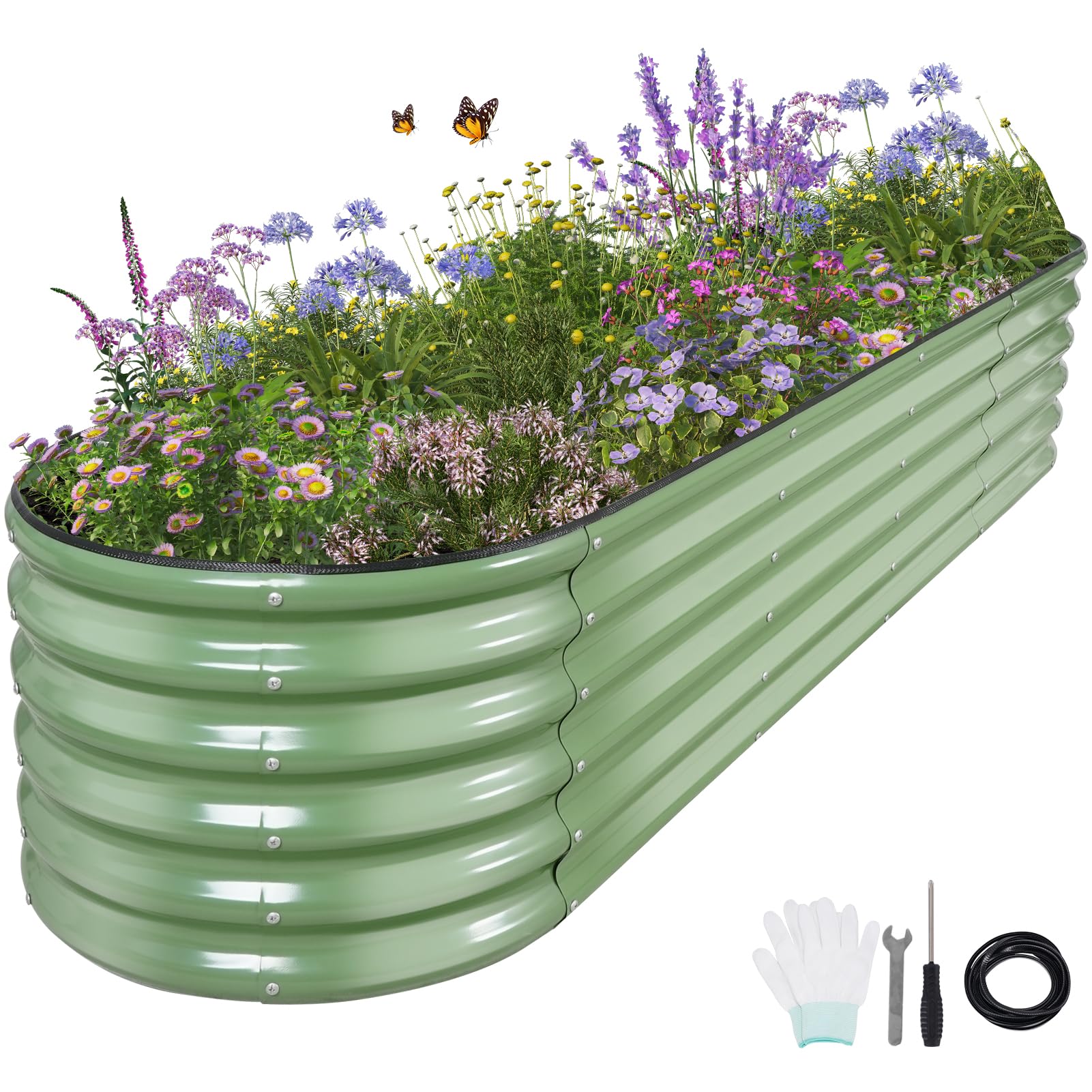 Galvanized Steel Raised Garden Bed Kit 8x2x1.4FT - Oval Metal Planter Box for Outdoor Gardening with Protective Tape, Bracing Rods & Gloves - Perfect for Vegetables, Flowers, Herbs (Green) | Durable Backyard, Patio & Urban Gardening Solution