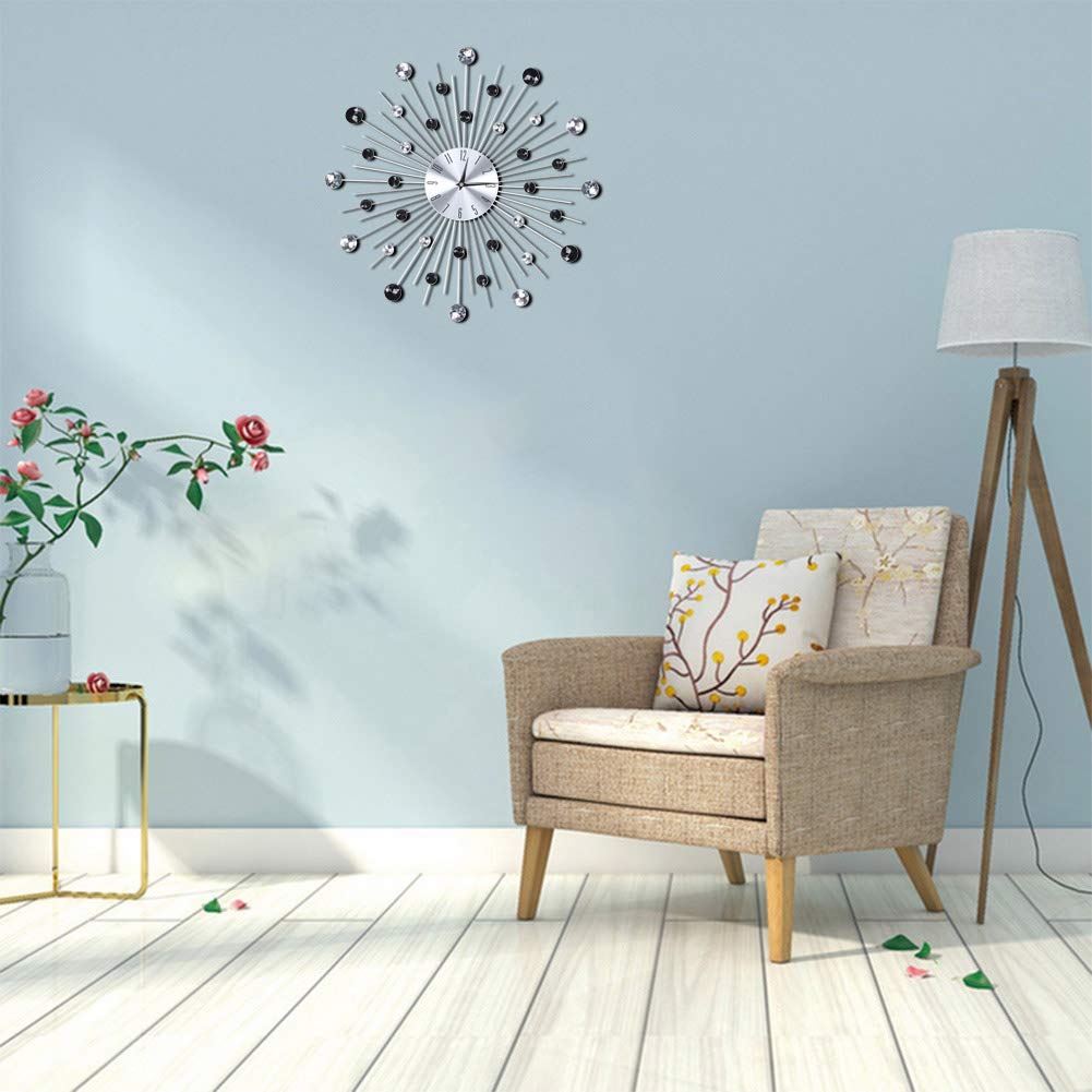 Sparkling Bling Metallic Silver Rhinestone Wall Clock - Elegant Decorative Hanging Clock for Living Room, Bedroom & Office - Perfect for Home Décor, Gift Giving and Wall Art Display