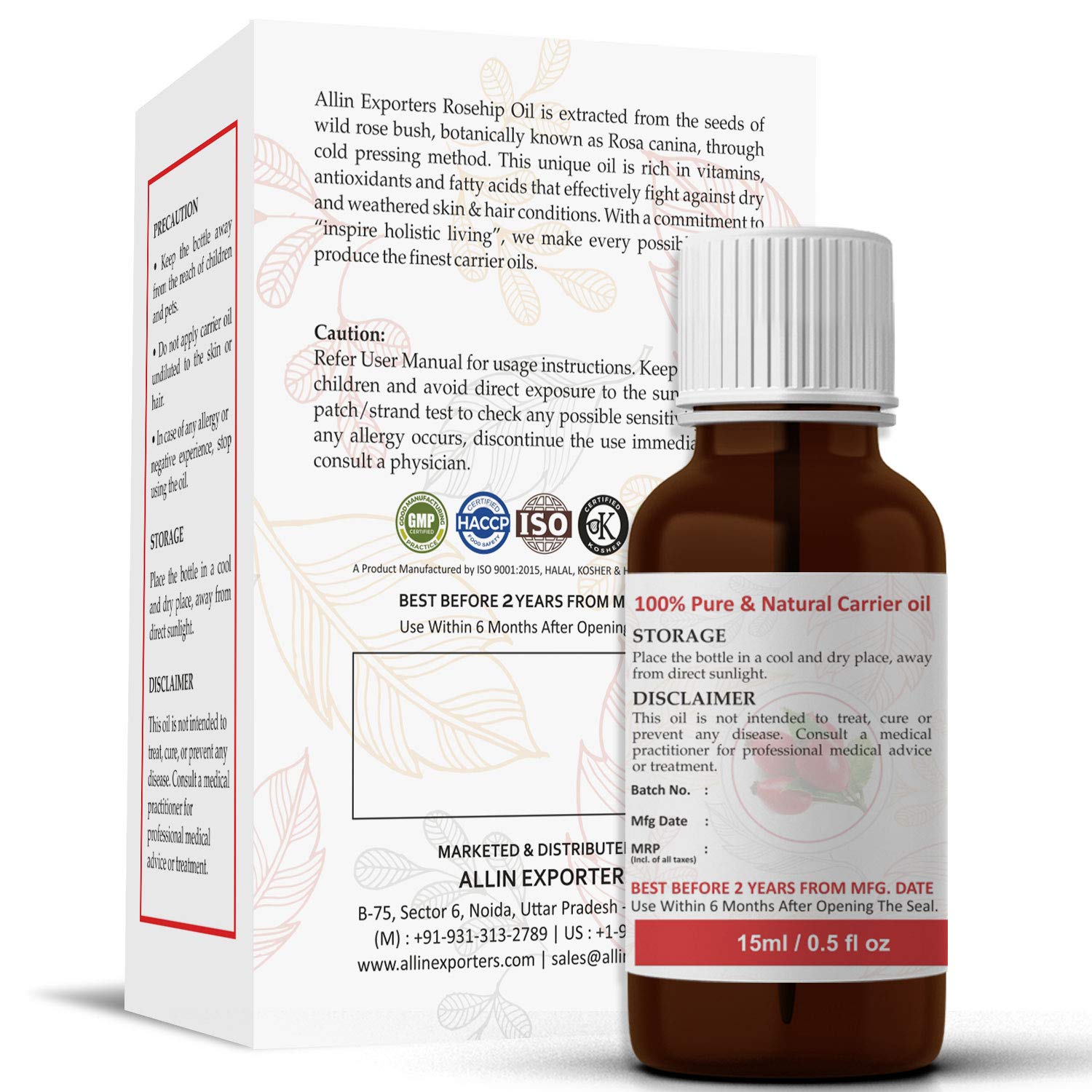 **Organic Rosehip Carrier Oil - 100% Pure, Cold Pressed for Skin Moisturizing, Hair Care & Massage | 15ml | Natural Anti-Aging & Scar Treatment | Perfect for DIY Beauty & Aromatherapy**