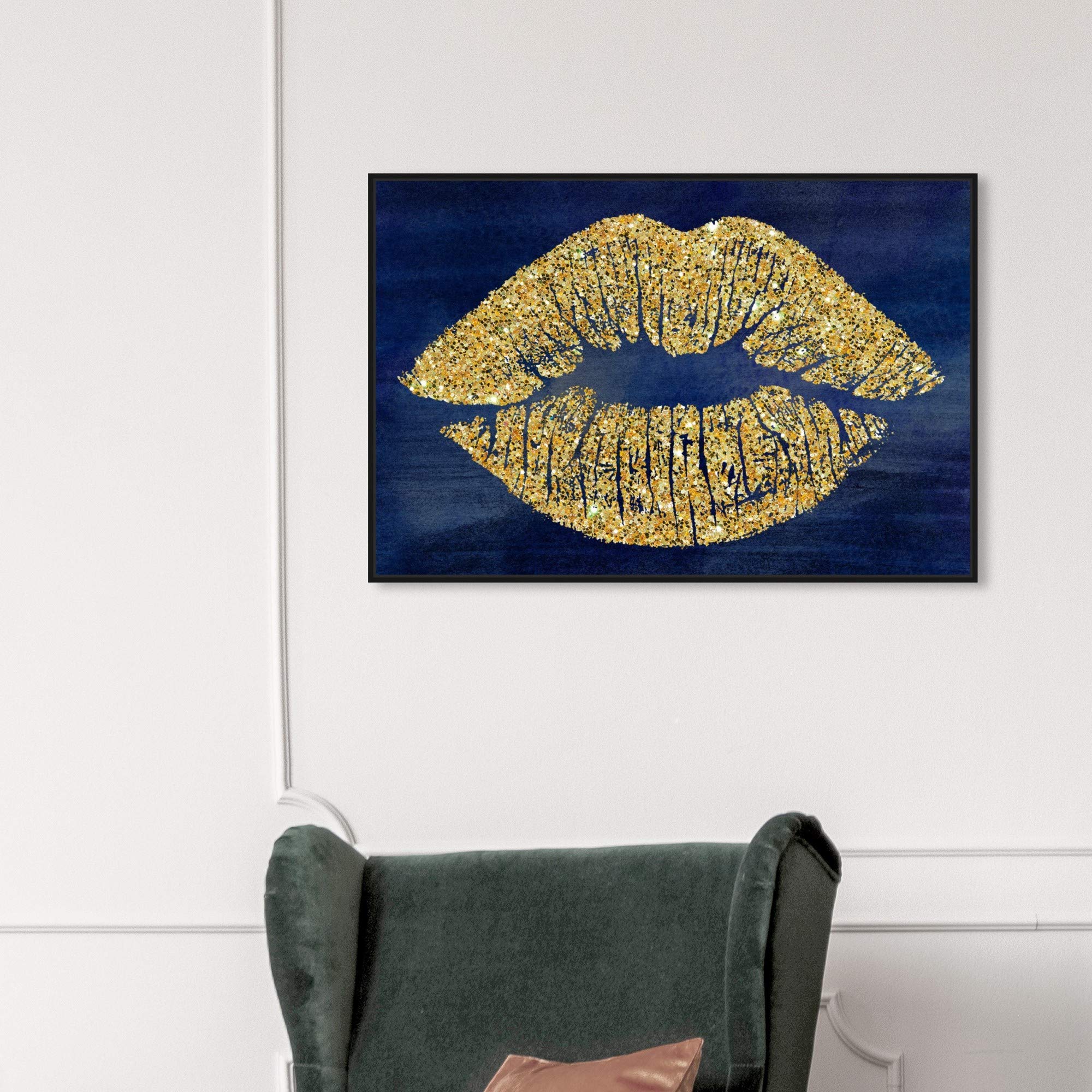 Oliver Gal Artist Co. 'Solid Kiss Navy Glitter' Lips Framed Wall Art - 36x24 Inch Fashion Canvas Print in Gold & Blue | Perfect for Bedroom, Living Room & Office Decor