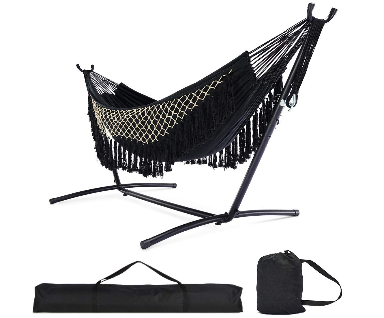 Zupapa 2-Person Heavy Duty Portable Hammock with Stand - Adjustable Steel Frame for Camping, Backyard & Outdoor Relaxation - Includes Carrying Bag (550 lbs Capacity, Black) - Perfect for Beach, Patio and Backyard Lounging