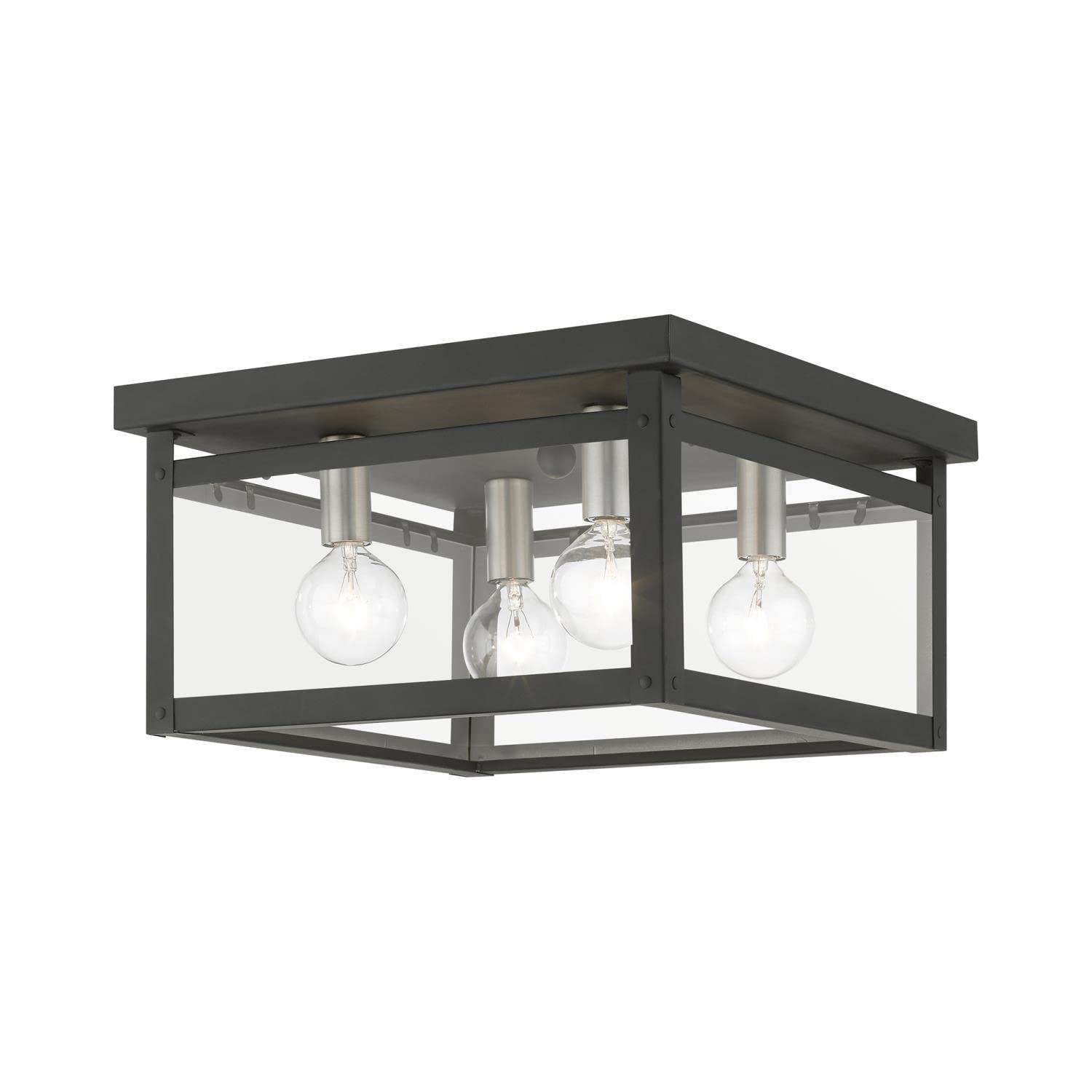 Livex Lighting 4032-04 Milford Square Flush Mount Ceiling Light Fixture - Black with Brushed Nickel Finish Candles - Perfect for Dining Room, Bedroom or Hallway Lighting
