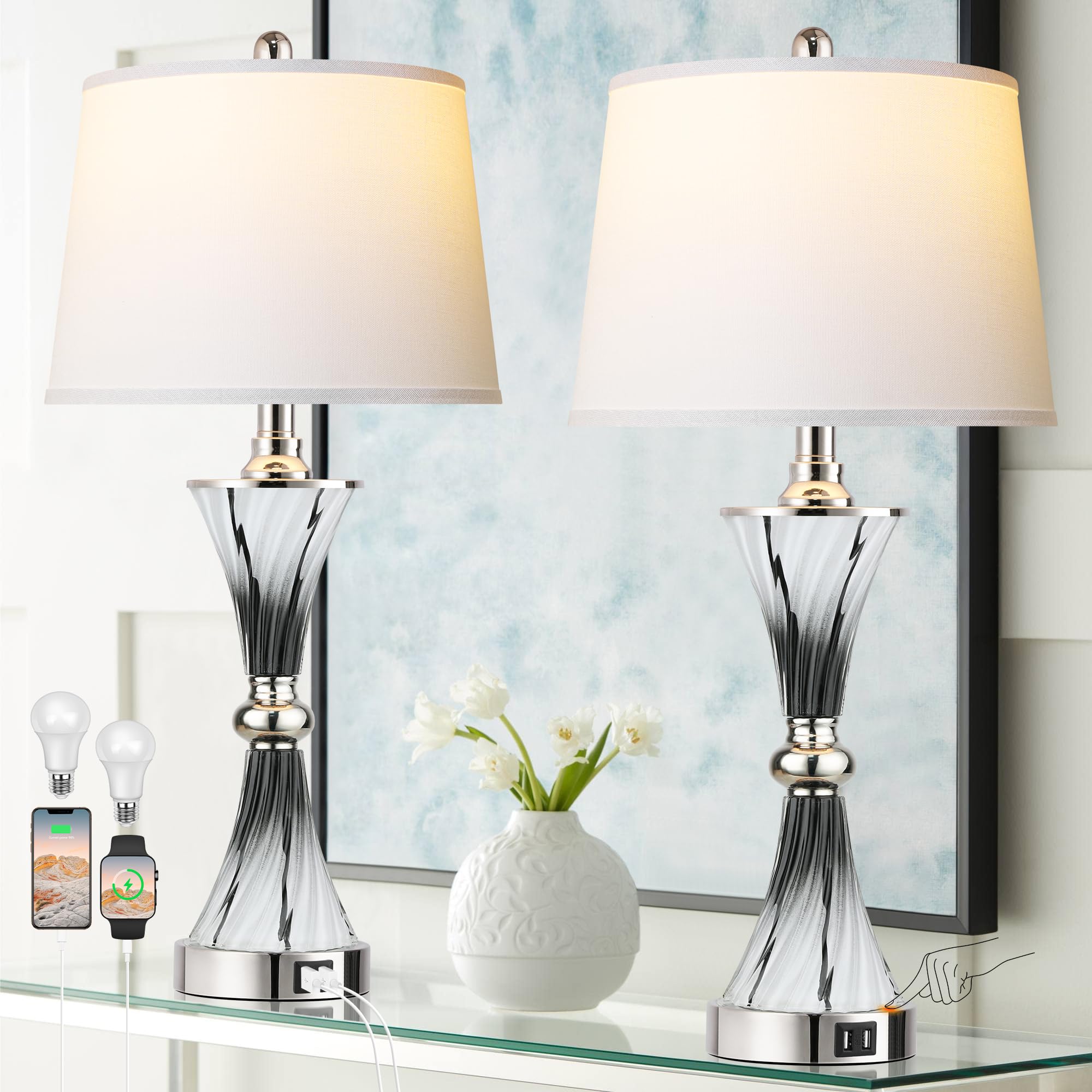 3-Way Dimmable Touch Control Bedside Table Lamps - Set of 2 with USB Charging Ports, Modern Nightstand Lamps for Bedroom & Living Room in Dark Grey & White - Perfect for Reading, Decor & Minimalist Home Office Lighting