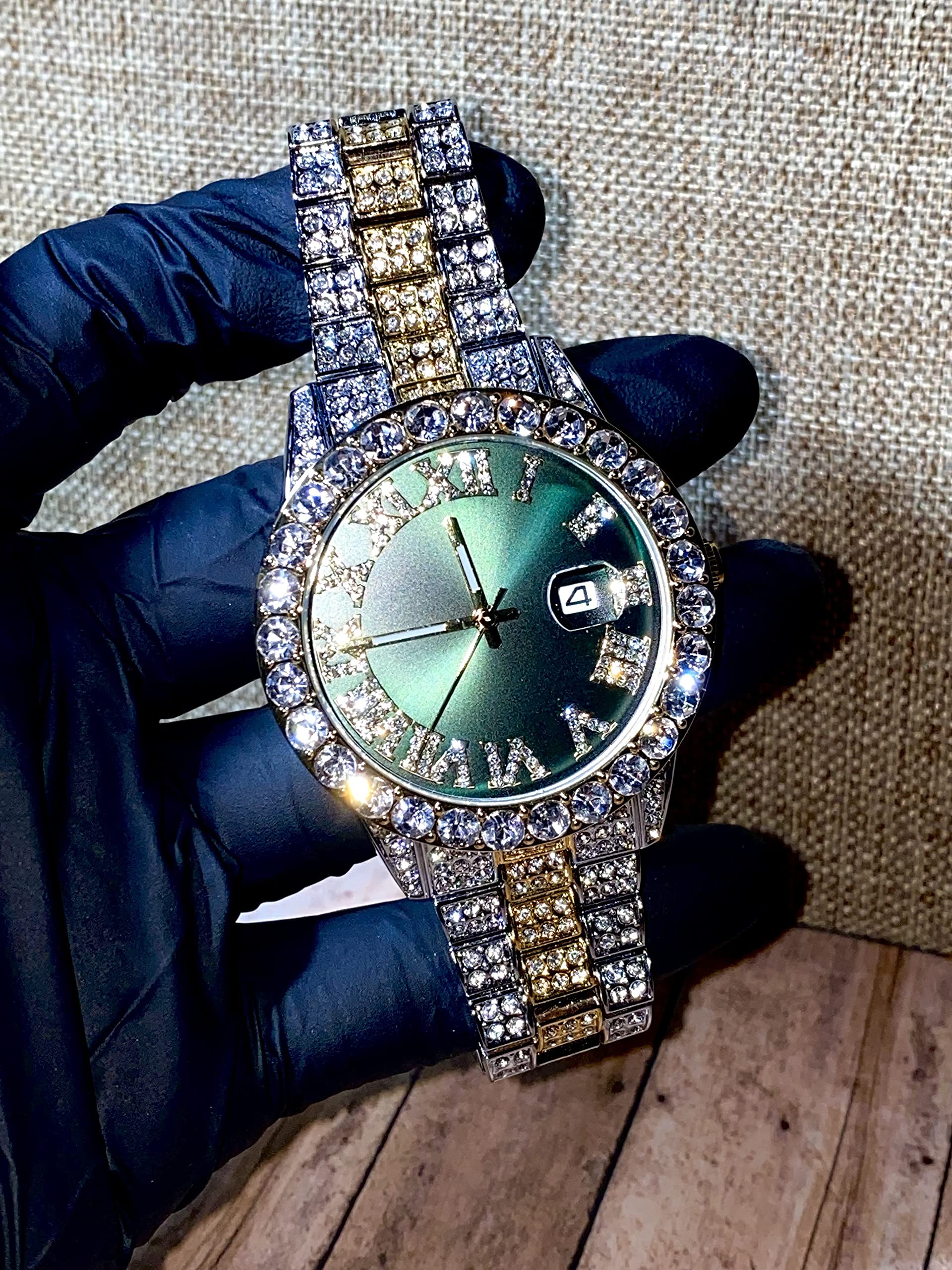 Luxury Men's & Women's Round 2-Tone Green Dial Wrist Watch with CZ Diamond Bracelet & Roman Numerals - Hip Hop Rapper Style Iced Jewelry Watch for Custom Fit - Perfect for Parties, Gifts, and Fashion Statements