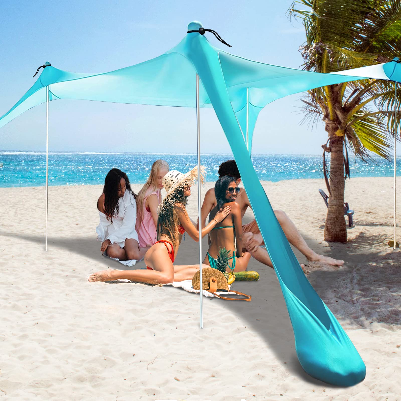 AMOSSO 10x10FT Pop Up Beach Tent with 4 Aluminum Poles - UPF50+ Sun Shelter for Camping, Fishing, Backyard - Includes 8 Elastic Ropes, 4 Ground Pegs, Sand Shovel & Carry Bag - Perfect for Beach Days, Picnics, and Outdoor Adventures (Turquoise)