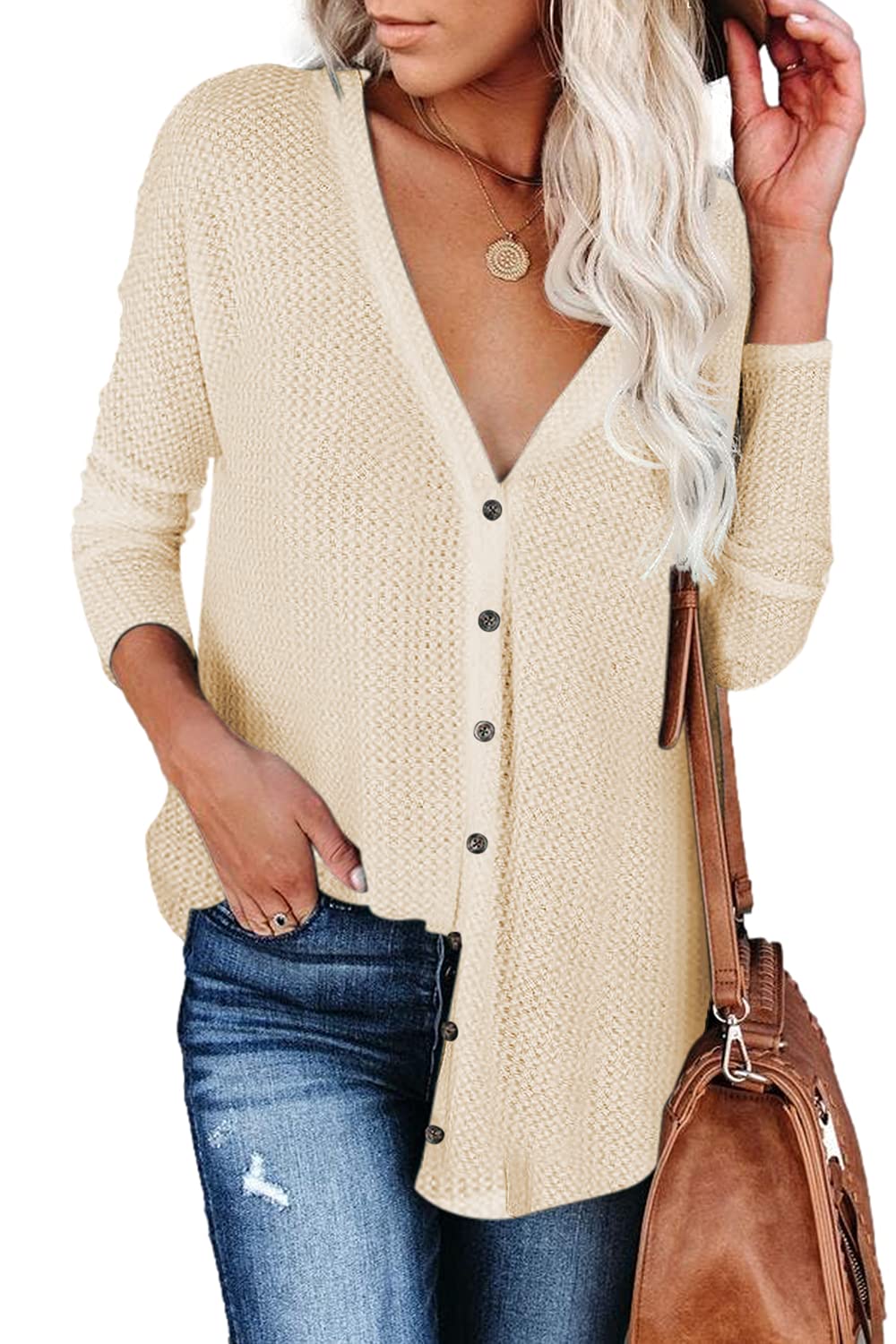 Yanekop Women's V-Neck Waffle Knit Tunic Blouse - Button Up Henley Shirt with Long Loose Sleeves | Casual Office Wear, Layering Top, Fall & Winter Fashion Outfit