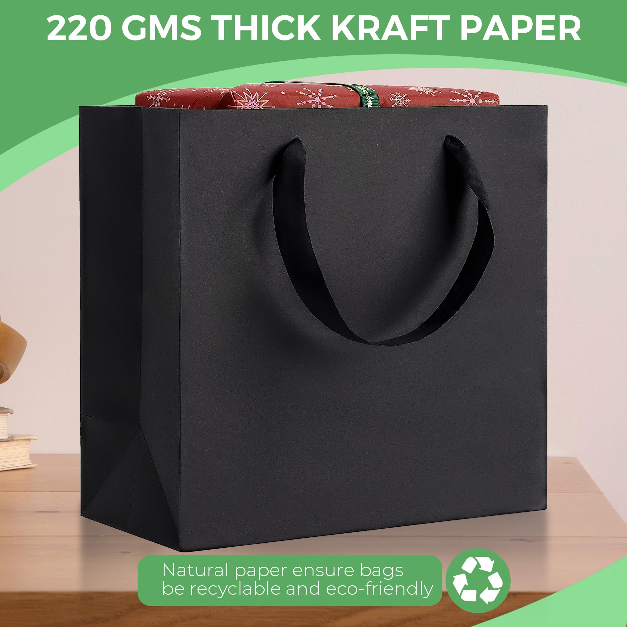 Premium Black Gift Bags with Handles - 12.5x4.5x11 Inch (6 Pack) Bulk Party Favor Bags for Weddings, Birthdays, Baby Showers & Holiday Gifting - Elegant Large Paper Shopping Bags for Special Occasions