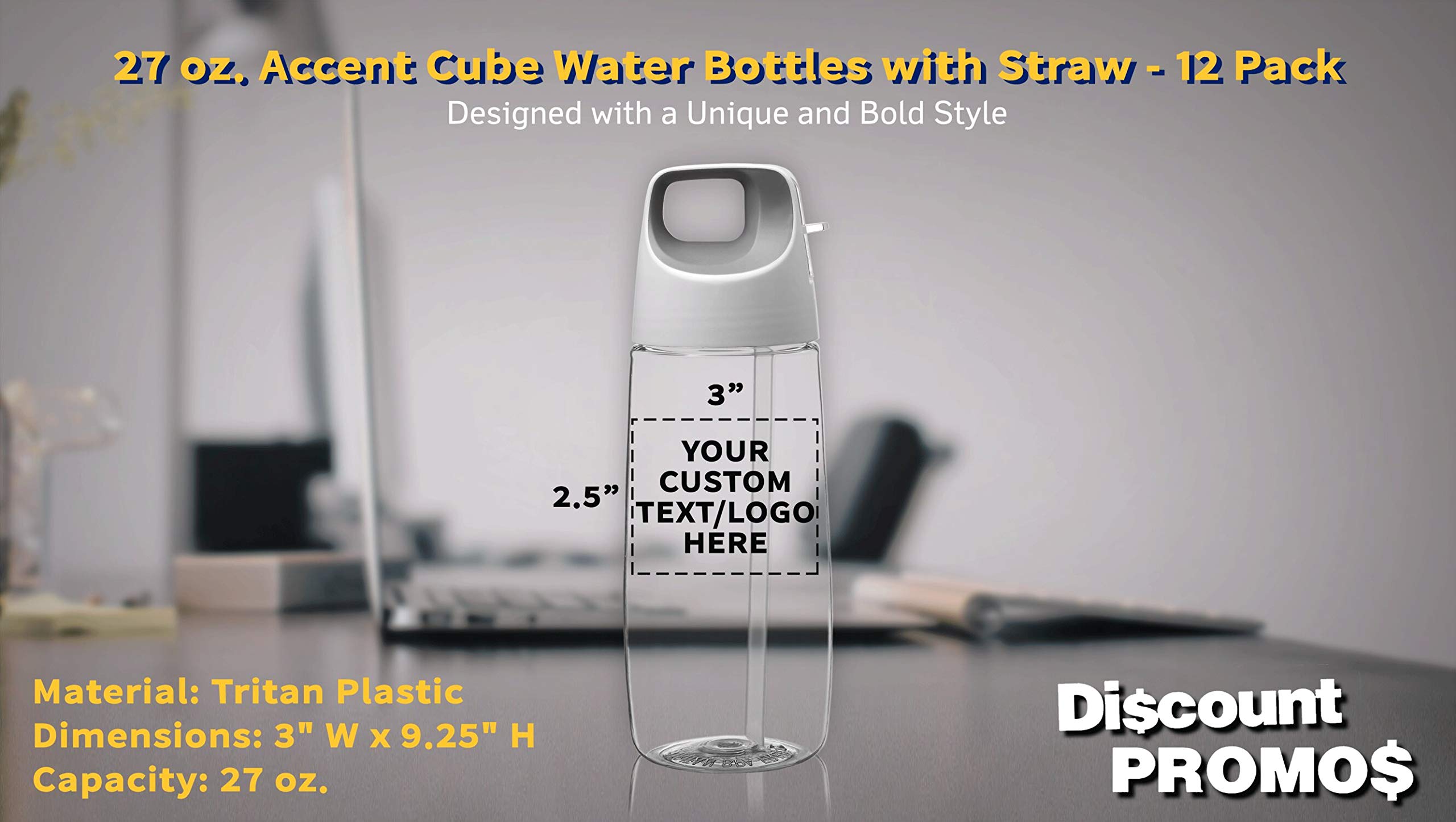 12 Pack 27oz Tritan Plastic Water Bottles with Straw - Custom Text & Logo - BPA Free, Leak Proof - Perfect for Gym, School, Office & Outdoor Activities - Silver Accent Cube Design