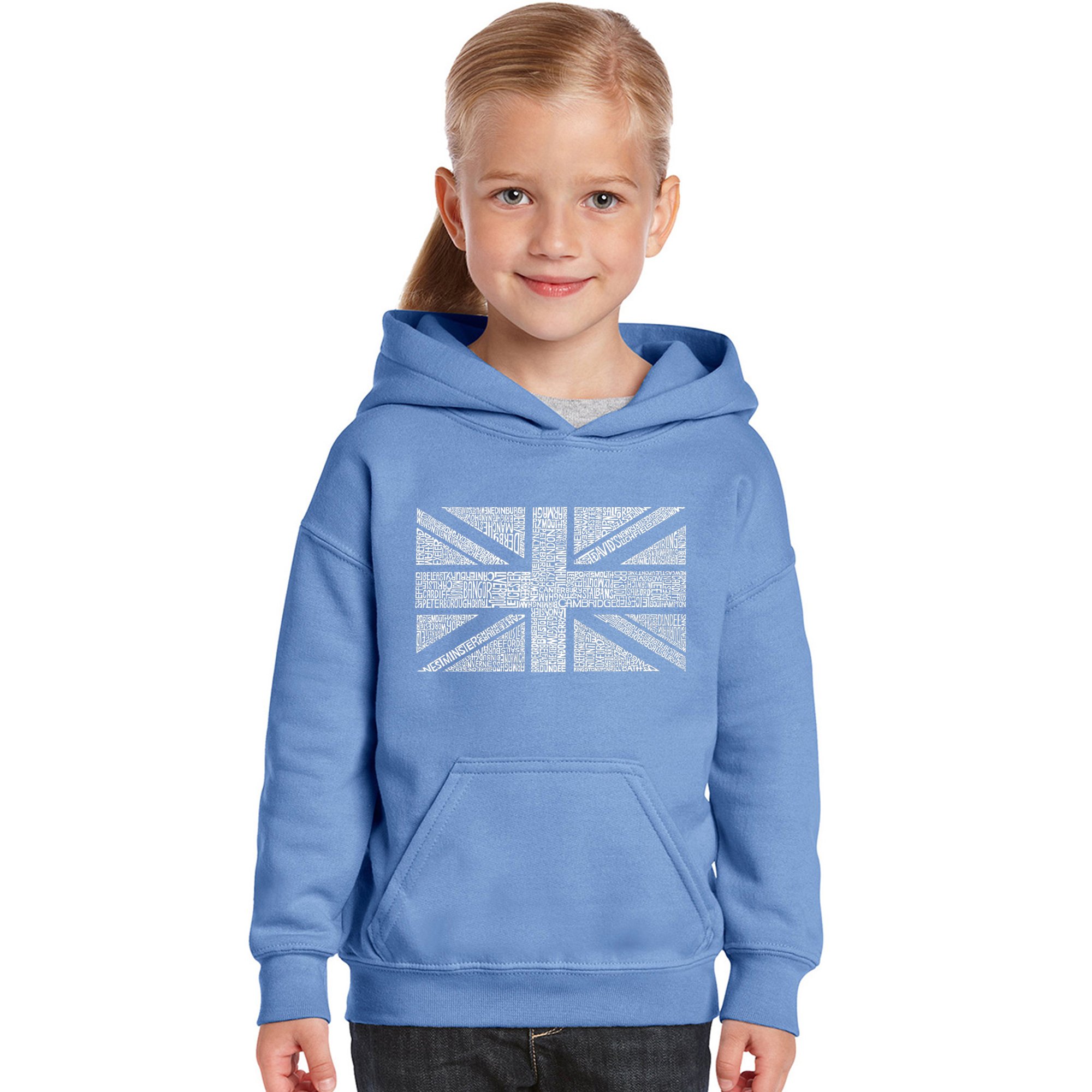 LA POP ART Girl's Word Art Hooded Sweatshirt - British Union Jack Design | Trendy Graphic Pullover for Teens | Perfect for School, Streetwear & Casual Outfits