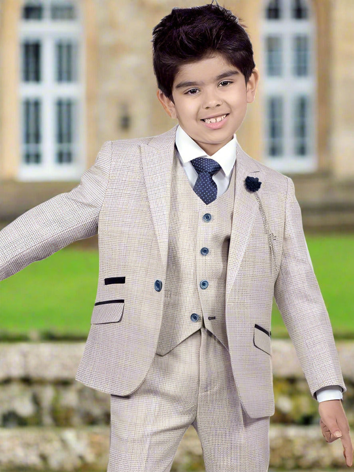 Cavani Caridi Boys 3-Piece Slim Fit Check Suit Set | Formal Blazer, Vest & Pants | Perfect for Weddings, School Events & Special Occasions